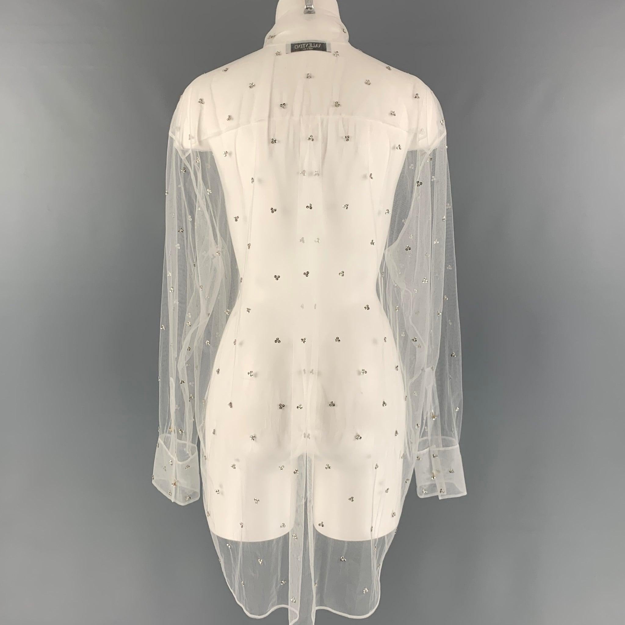 VALENTINO Size 12 White Polyamide See Through Bow Blouse In Excellent Condition For Sale In San Francisco, CA