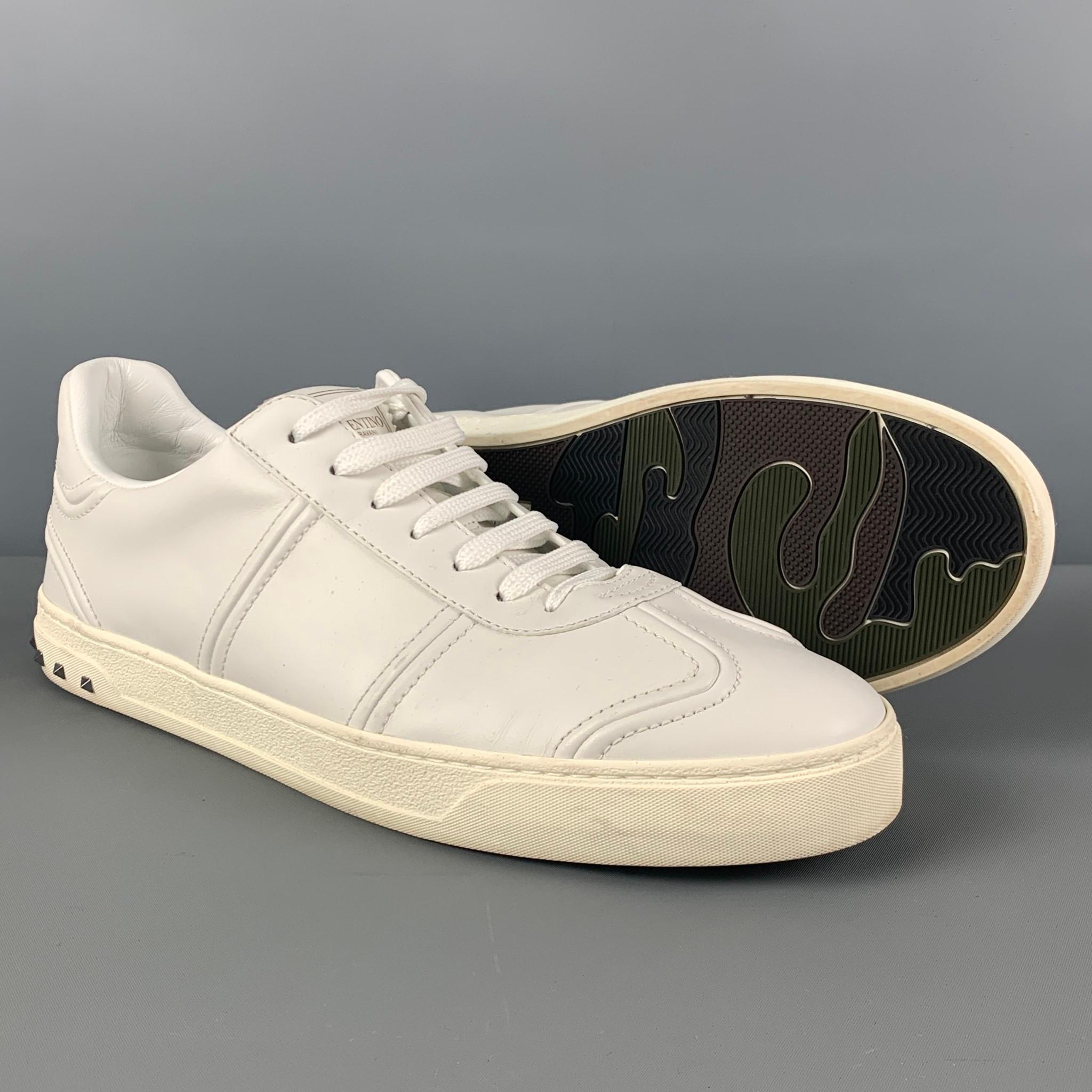 VALENTINO Size 12 White Studded Leather Lace Up Sneakers In Good Condition In San Francisco, CA
