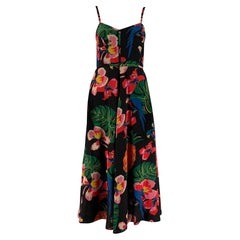 VALENTINO Size 2 Black Multi-Color Silk Floral Spaghetti Straps Mid-Calf Dress
