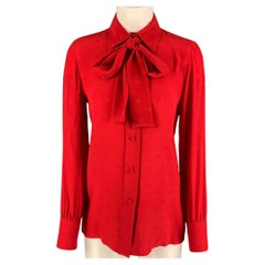 VALENTINO Size 2 Red Silk Logo Long Sleeve Dress Top
