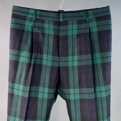 VALENTINO Size 32 Navy Green Plaid Wool Pleated Tapered Dress Pants