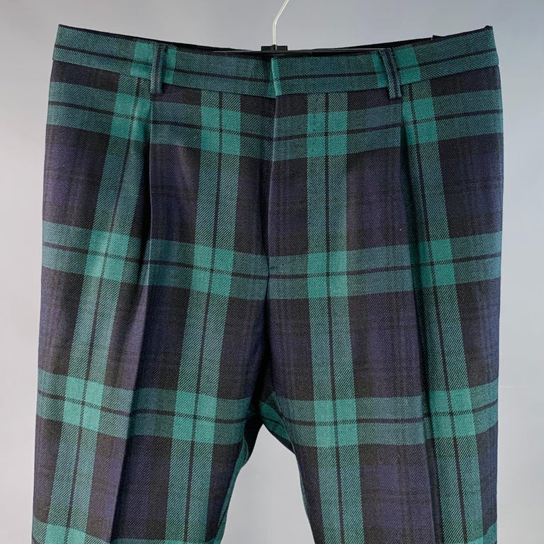 slim fit dress slacks Wool Blend Blackwatch Single Pleated Pant