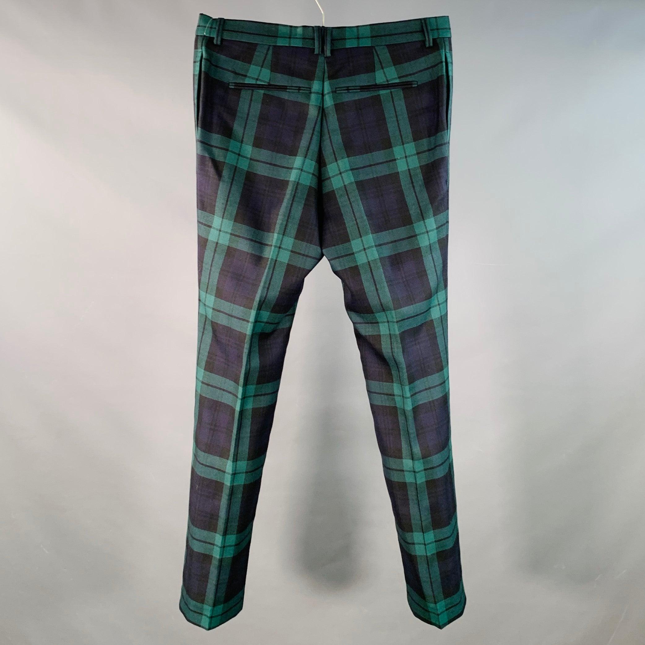 Noir VALENTINO Taille 32 Pantalon habillé plissé en laine à carreaux vert marine en vente