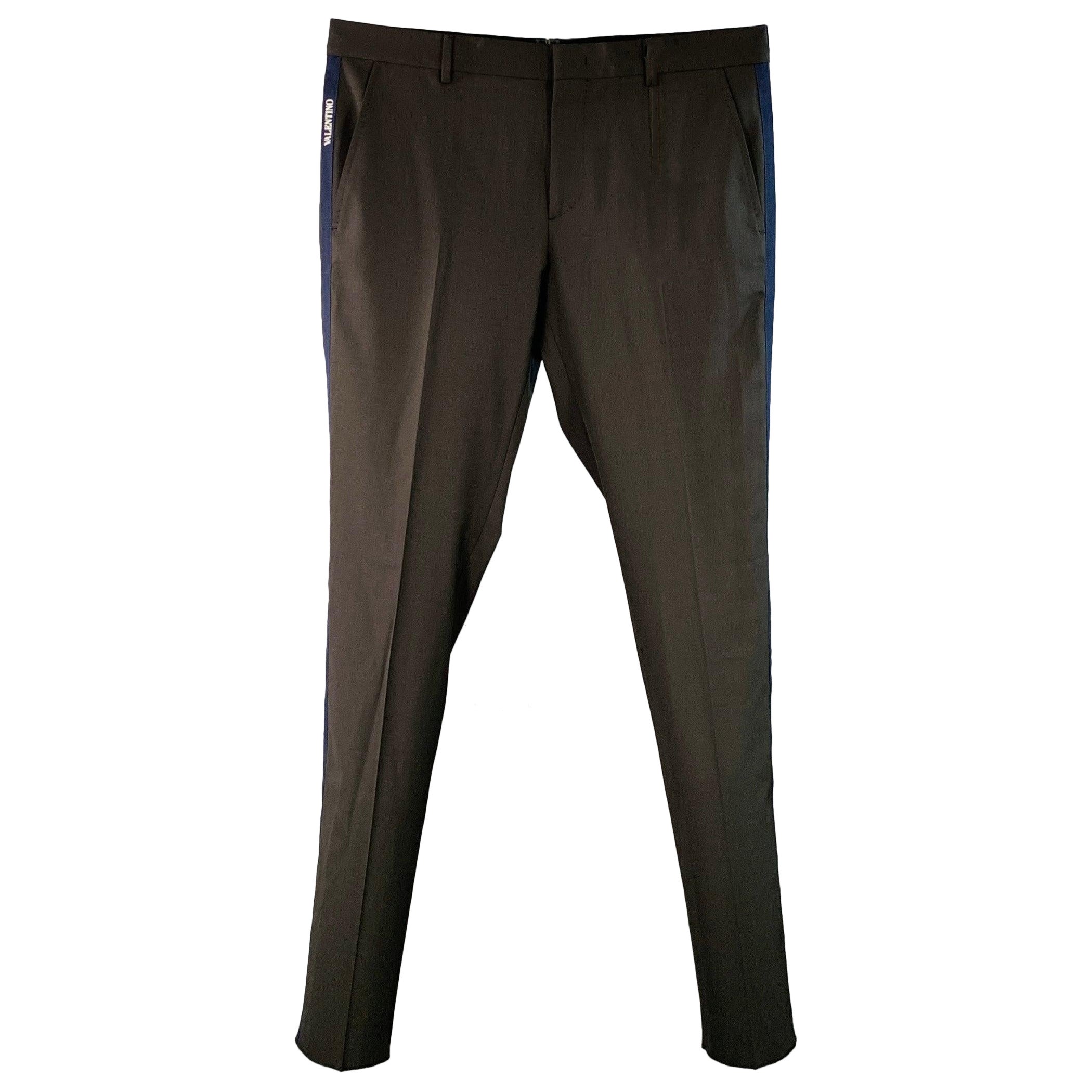 Valentino Taglia 34 Nero Navy Poliestere Lana Vergine Pantaloni da Abito Anteriori Piatti in vendita