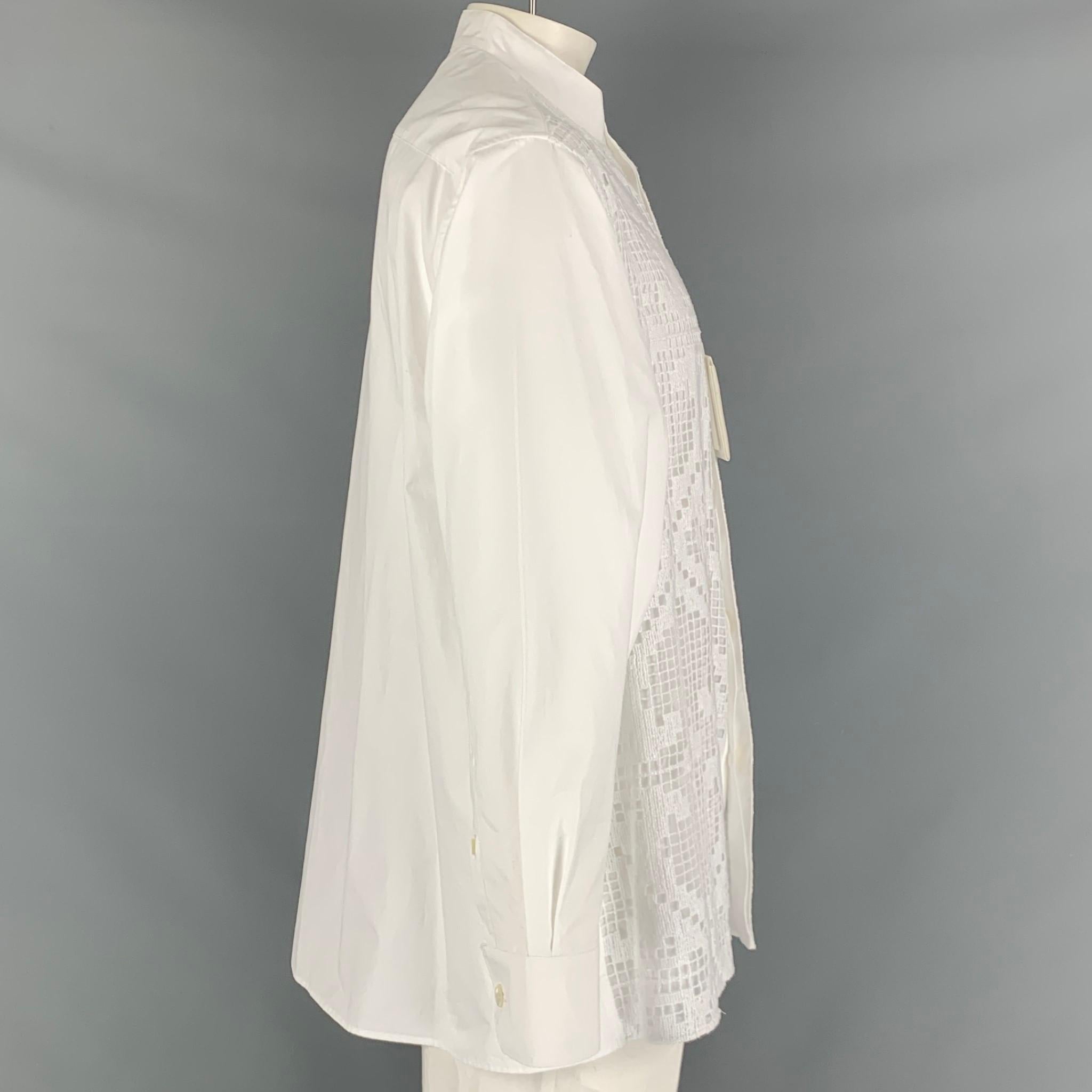 VALENTINO Size 34 White Guipure Cotton Collarless Long Sleeve Shirt In New Condition In San Francisco, CA