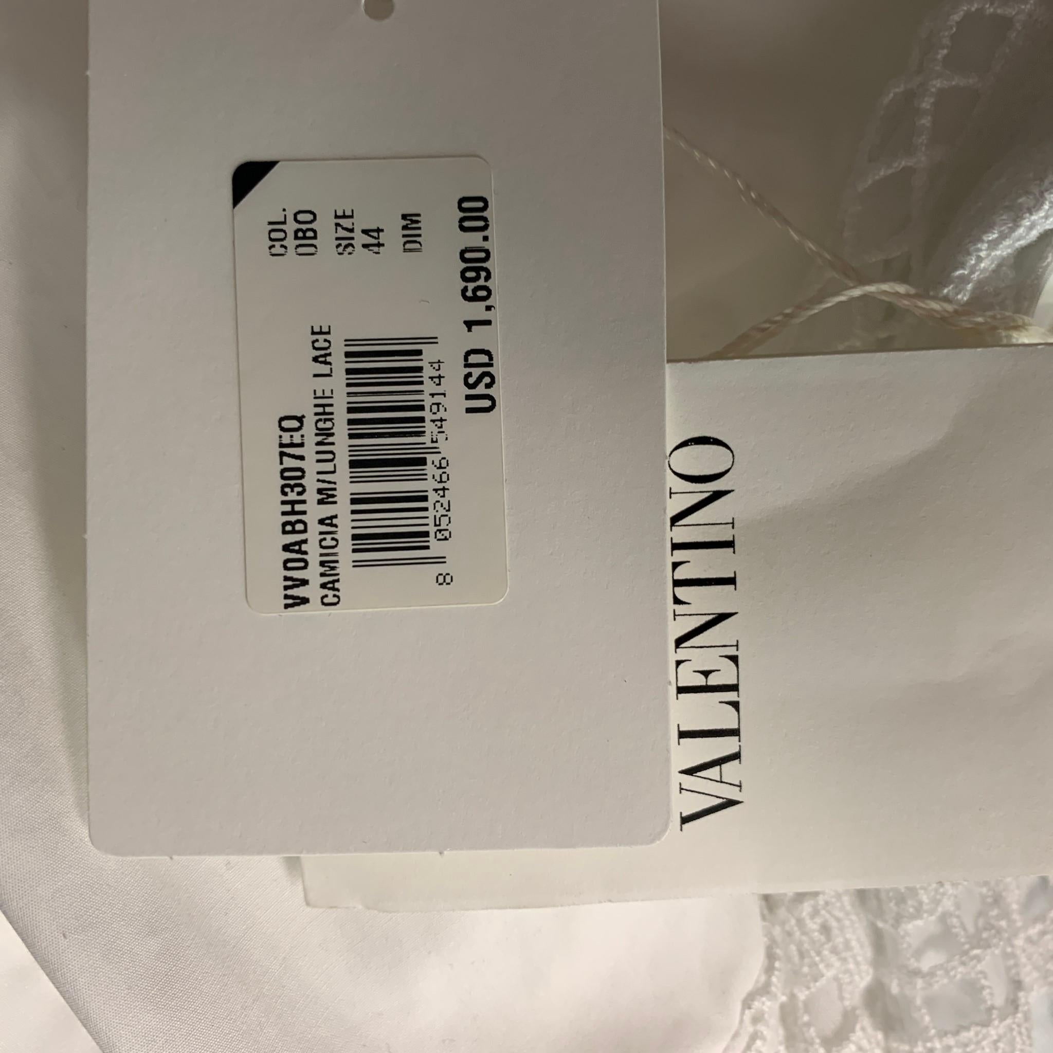 VALENTINO Size 34 White Guipure Cotton Collarless Long Sleeve Shirt 2