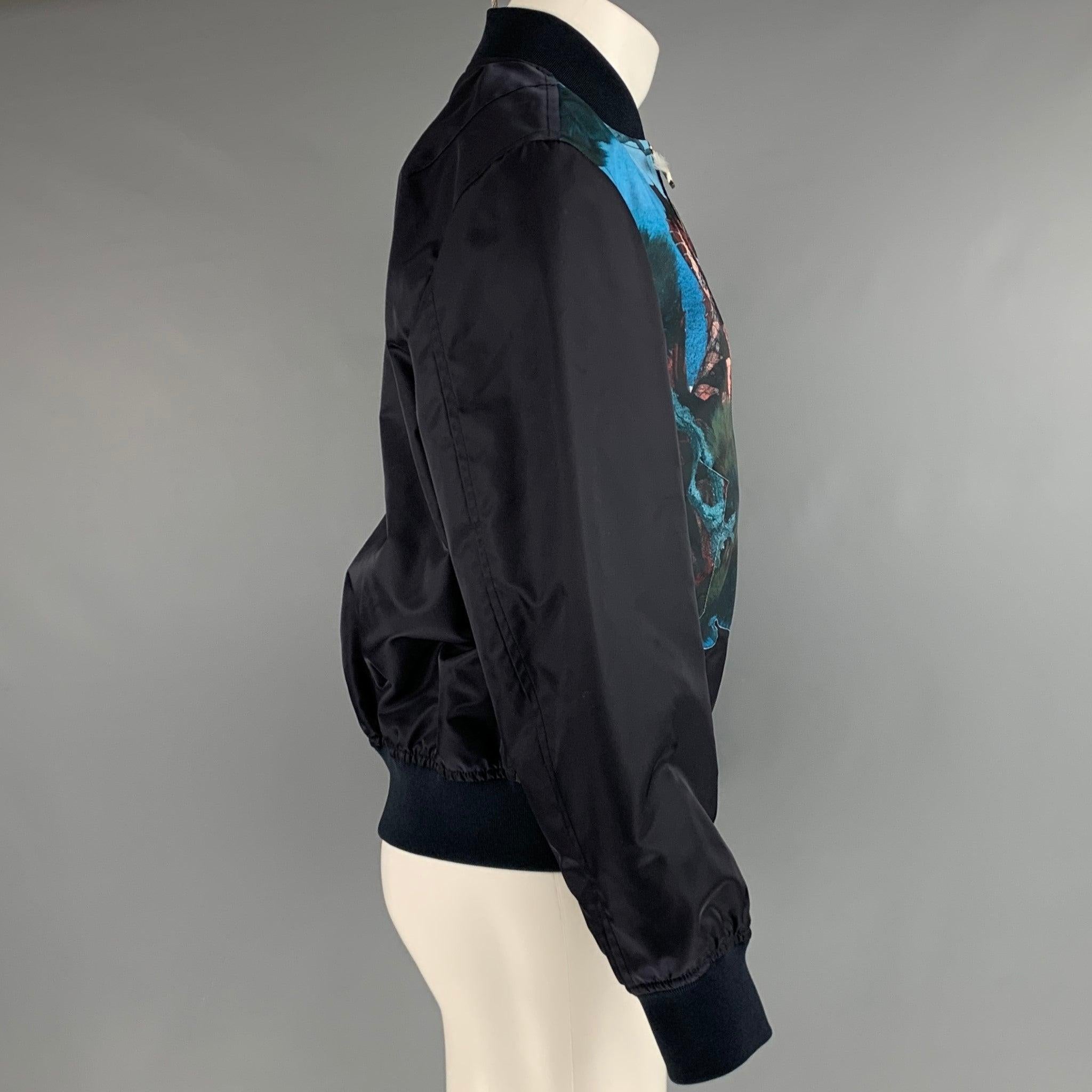 VALENTINO Size 36 Navy Graphic Bomber Jacket In Excellent Condition For Sale In San Francisco, CA