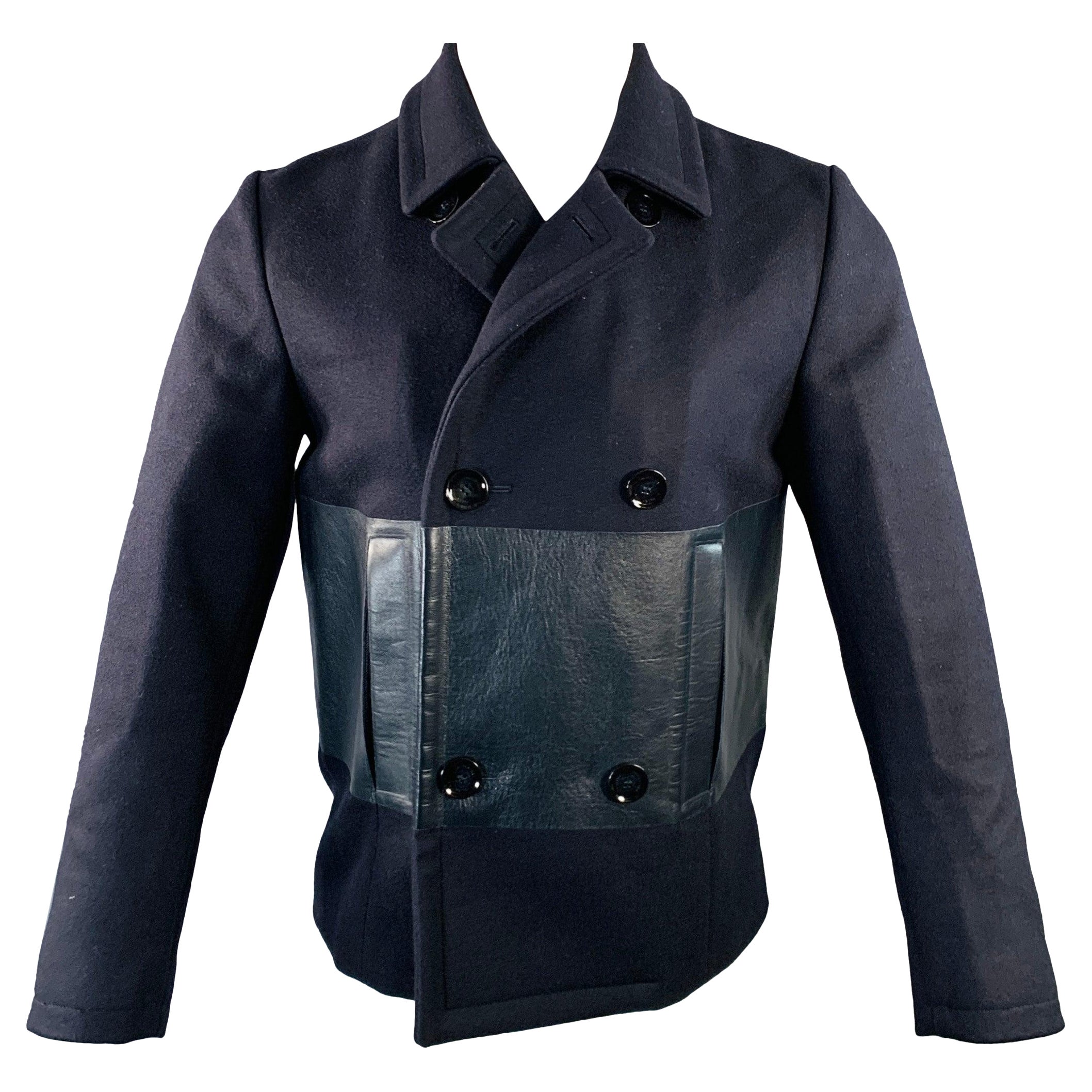 VALENTINO Size 36 Navy Wool Lambskin Leather Double Breasted Peacoat