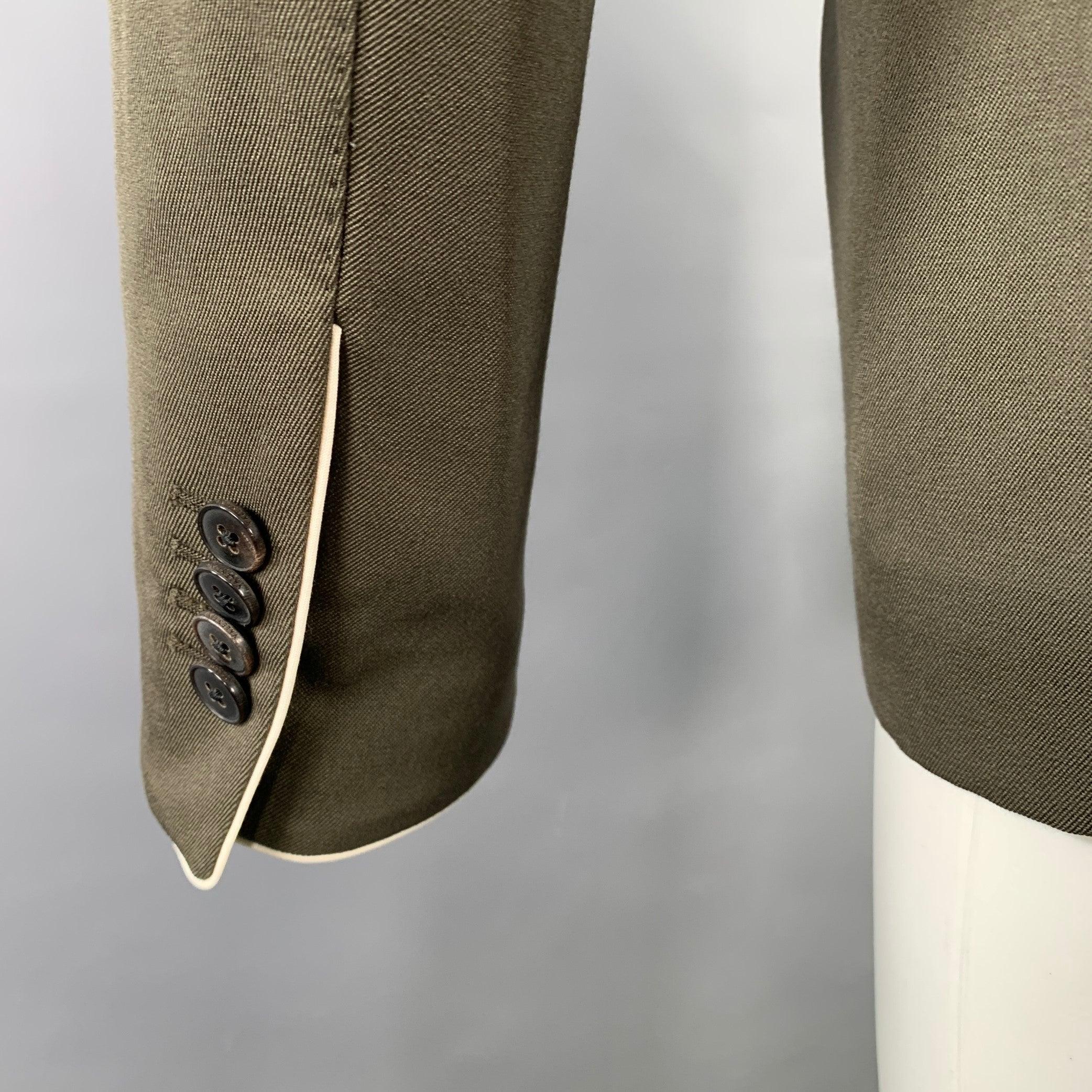 VALENTINO Size 36 Olive White Wool Twill Contrast Trim Notch Lapel Sport Coat In Excellent Condition For Sale In San Francisco, CA