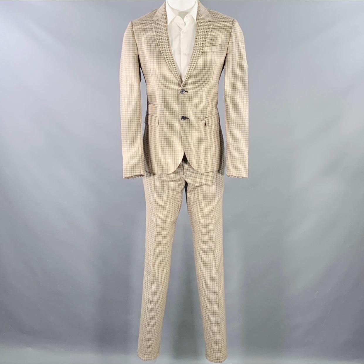 Beige Valentino Taille 38 Tan Black White Plaid Wool Notch Lapel Suit en vente