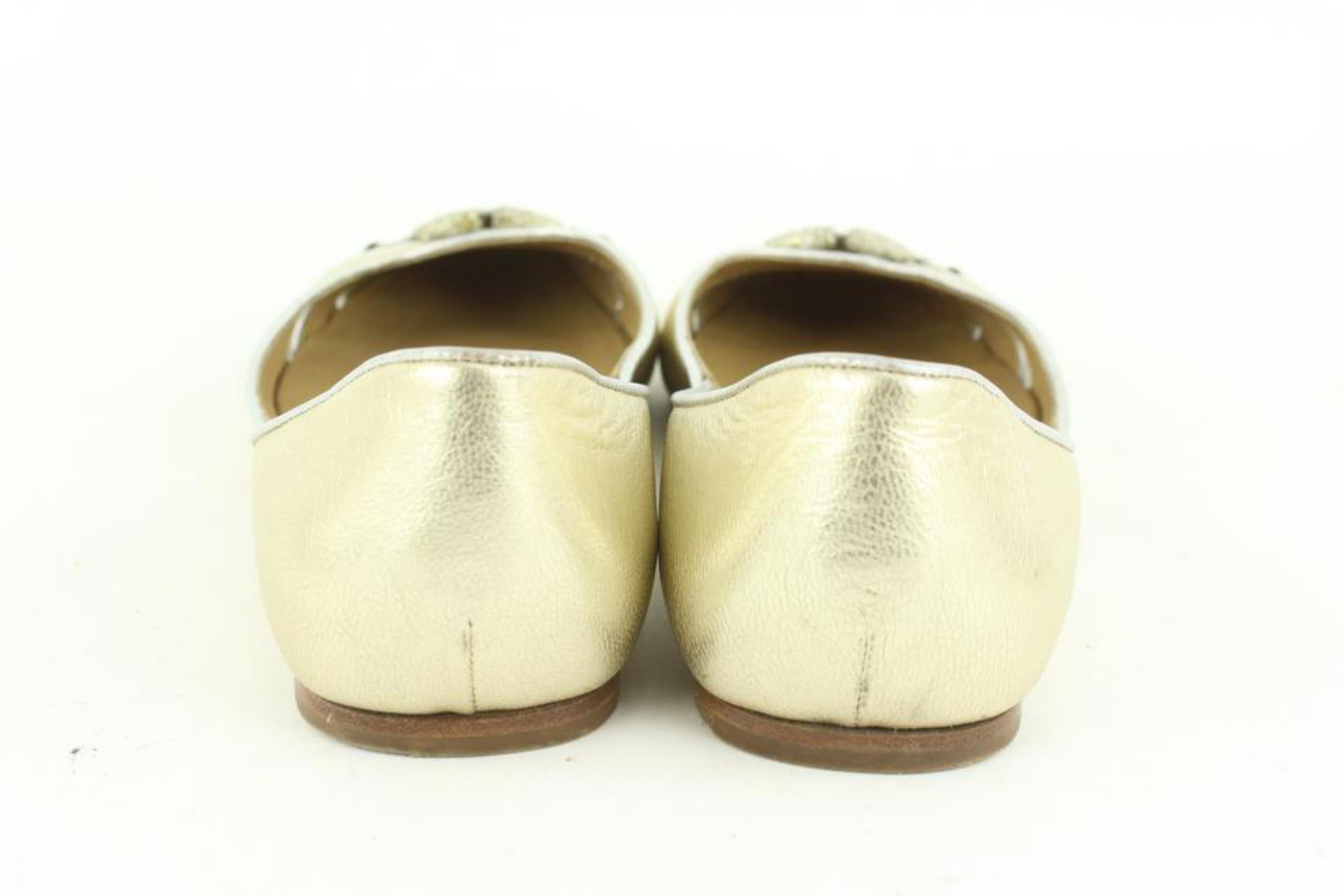 Valentino Size 38.5 Light Gold Leather V Logo Crystal Ballerina Flats 110va57 For Sale 1