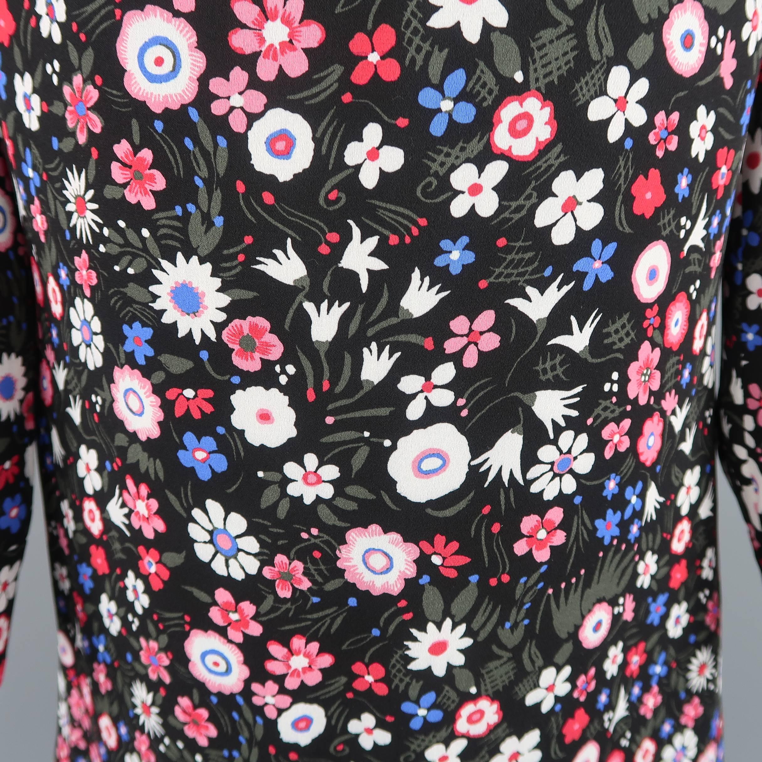 Valentino Black and Pink Floral Silk Ruffle Collar Tunic Dress In Excellent Condition In San Francisco, CA