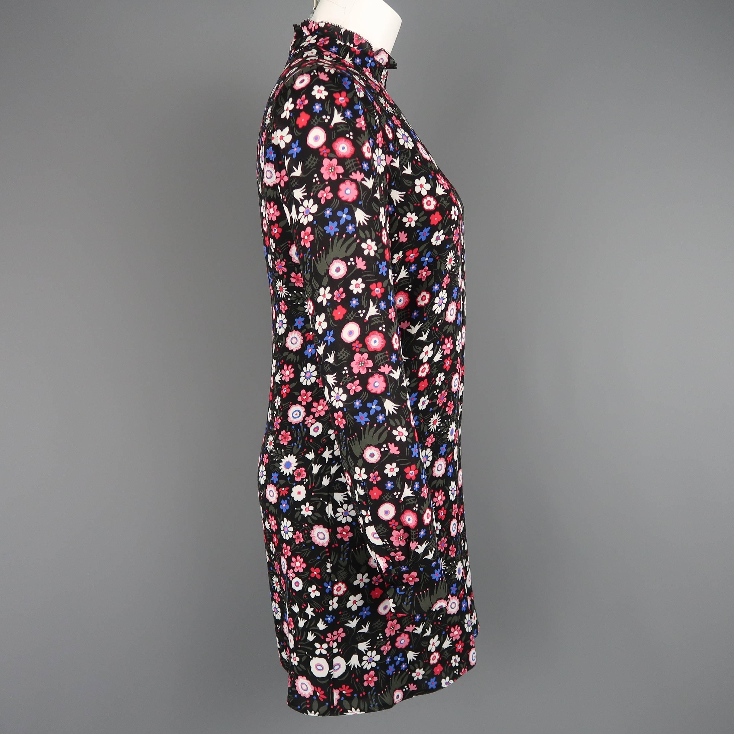 Women's Valentino Black and Pink Floral Silk Ruffle Collar Tunic Dress