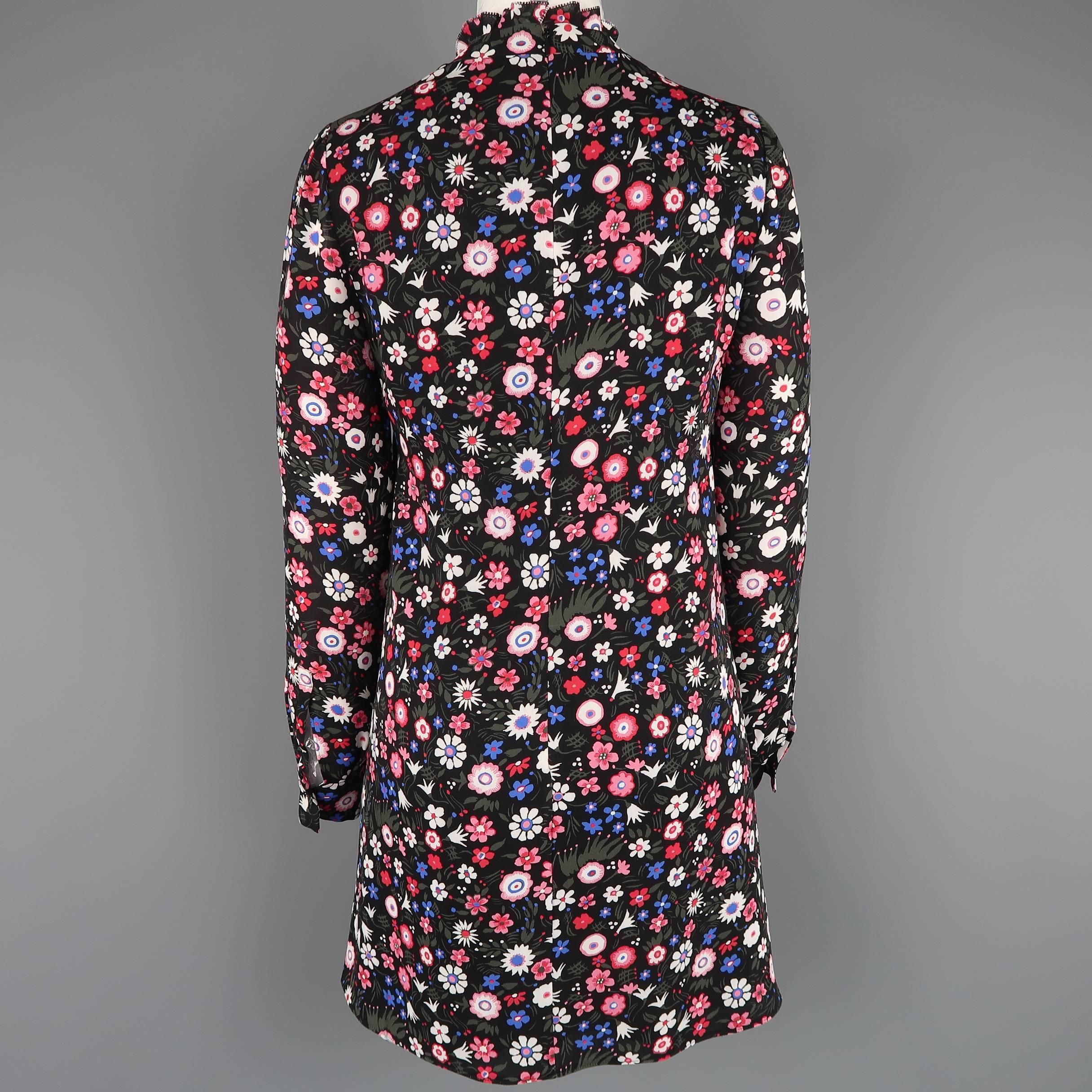 Valentino Black and Pink Floral Silk Ruffle Collar Tunic Dress 2