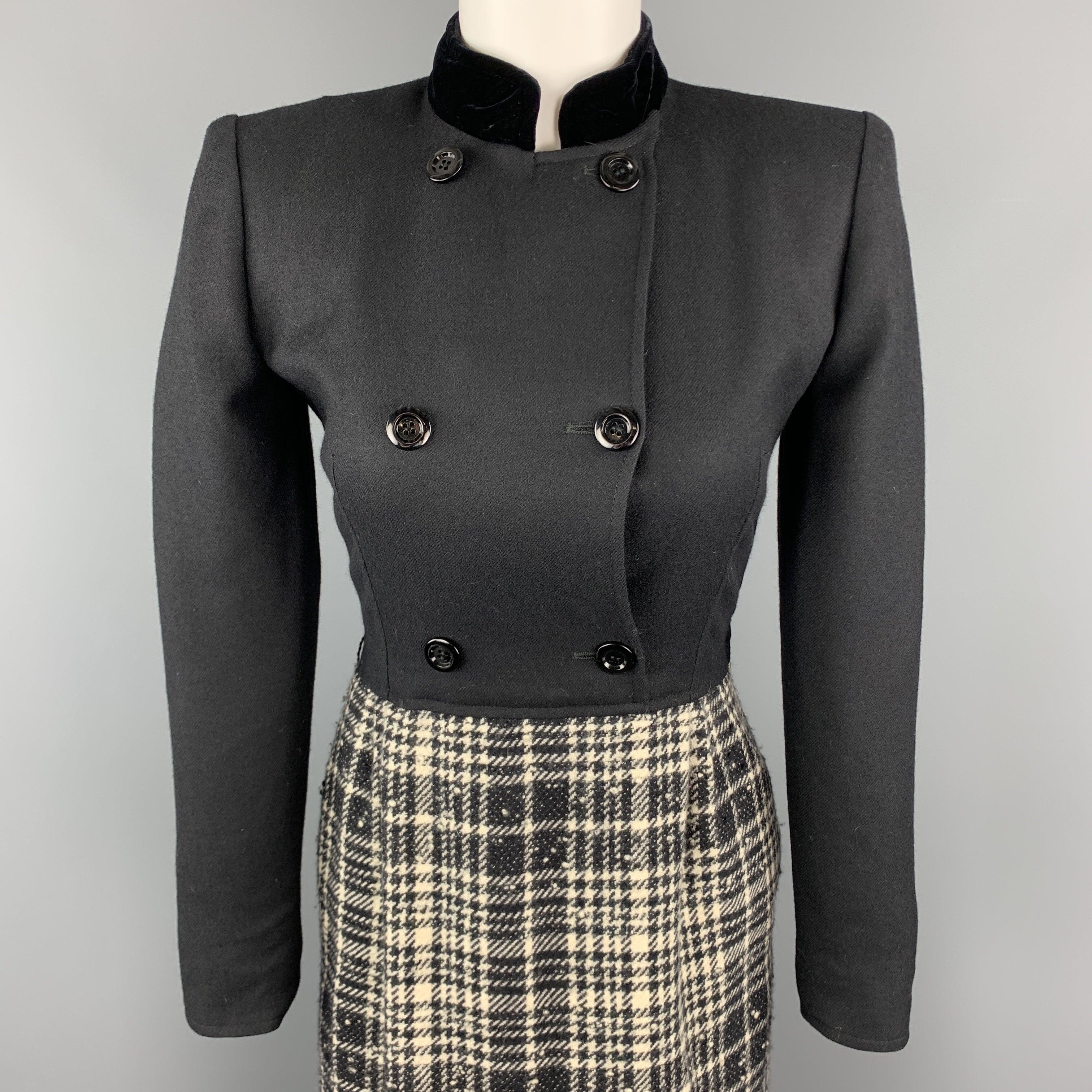 Vintage VALENTINO BOUTIQUE dress features a double breasted twill top with a velvet collar and shoulder pads with a cream and black textured skirt bottom. Made in Italy.Very Good
Pre-Owned Condition. 

Marked:   4 

Measurements: 
 
Shoulder: 15