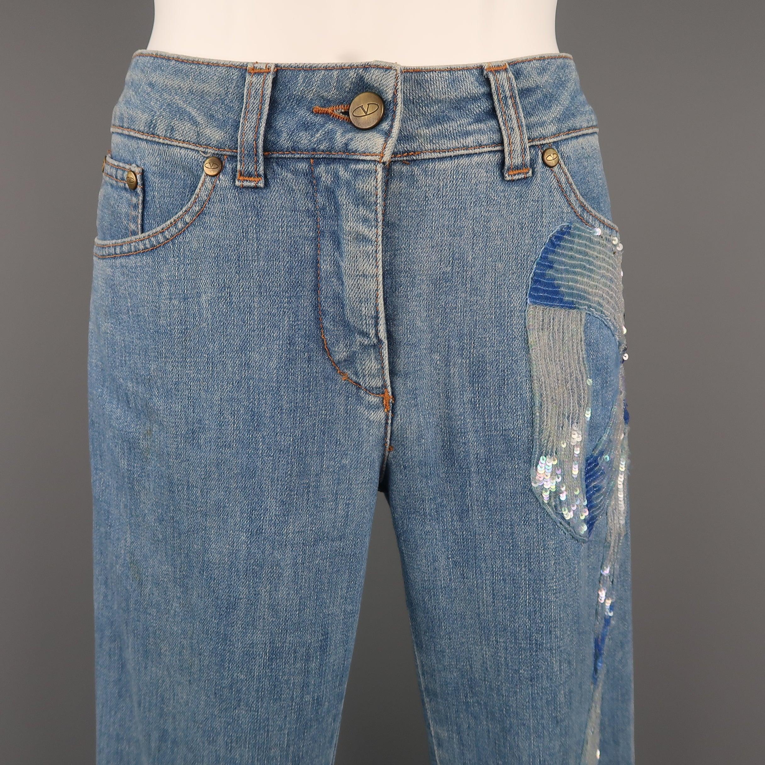 VALENTINO Size 4 Light Wash Blue Beaded Sequin Bow Jeans In Excellent Condition For Sale In San Francisco, CA