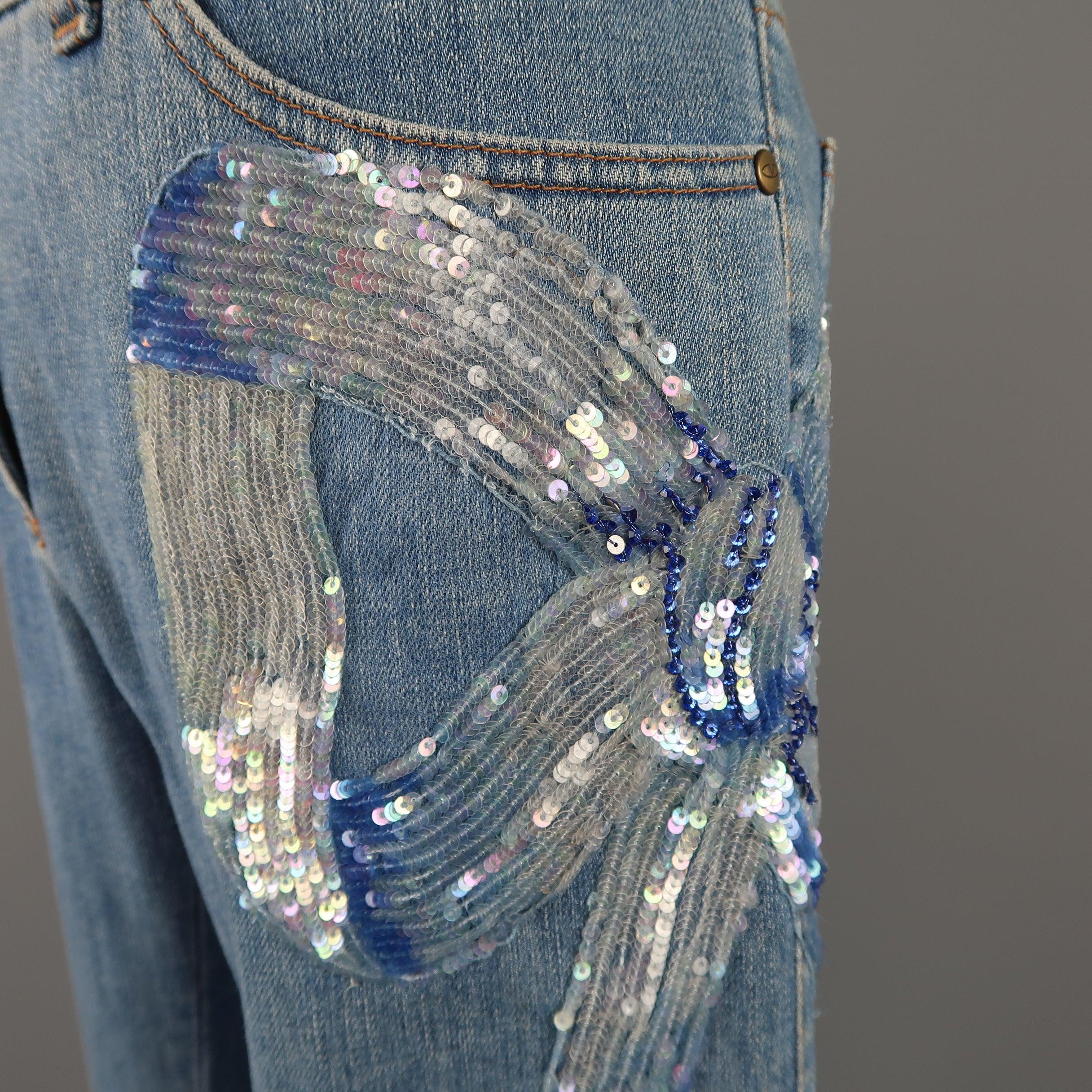 Women's VALENTINO Size 4 Light Wash Blue Beaded Sequin Bow Jeans For Sale