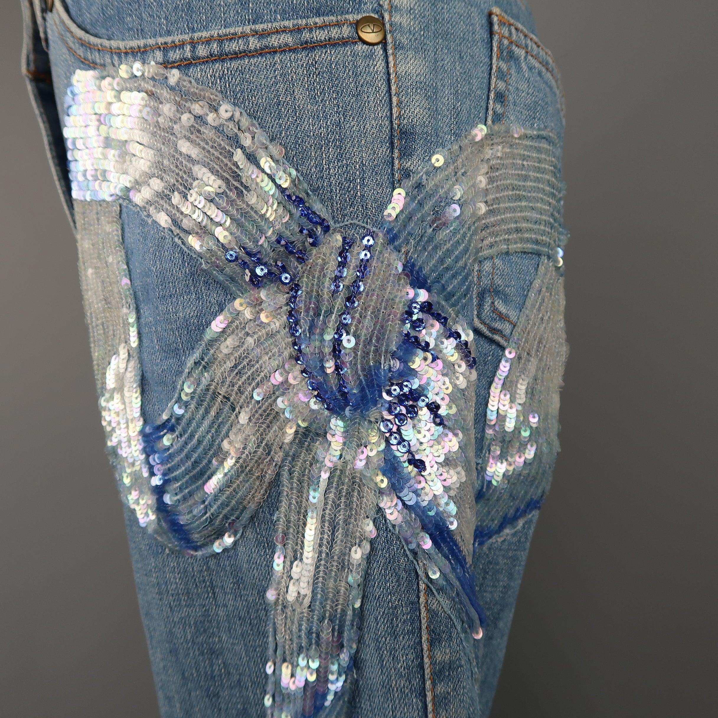VALENTINO Size 4 Light Wash Blue Beaded Sequin Bow Jeans For Sale 1