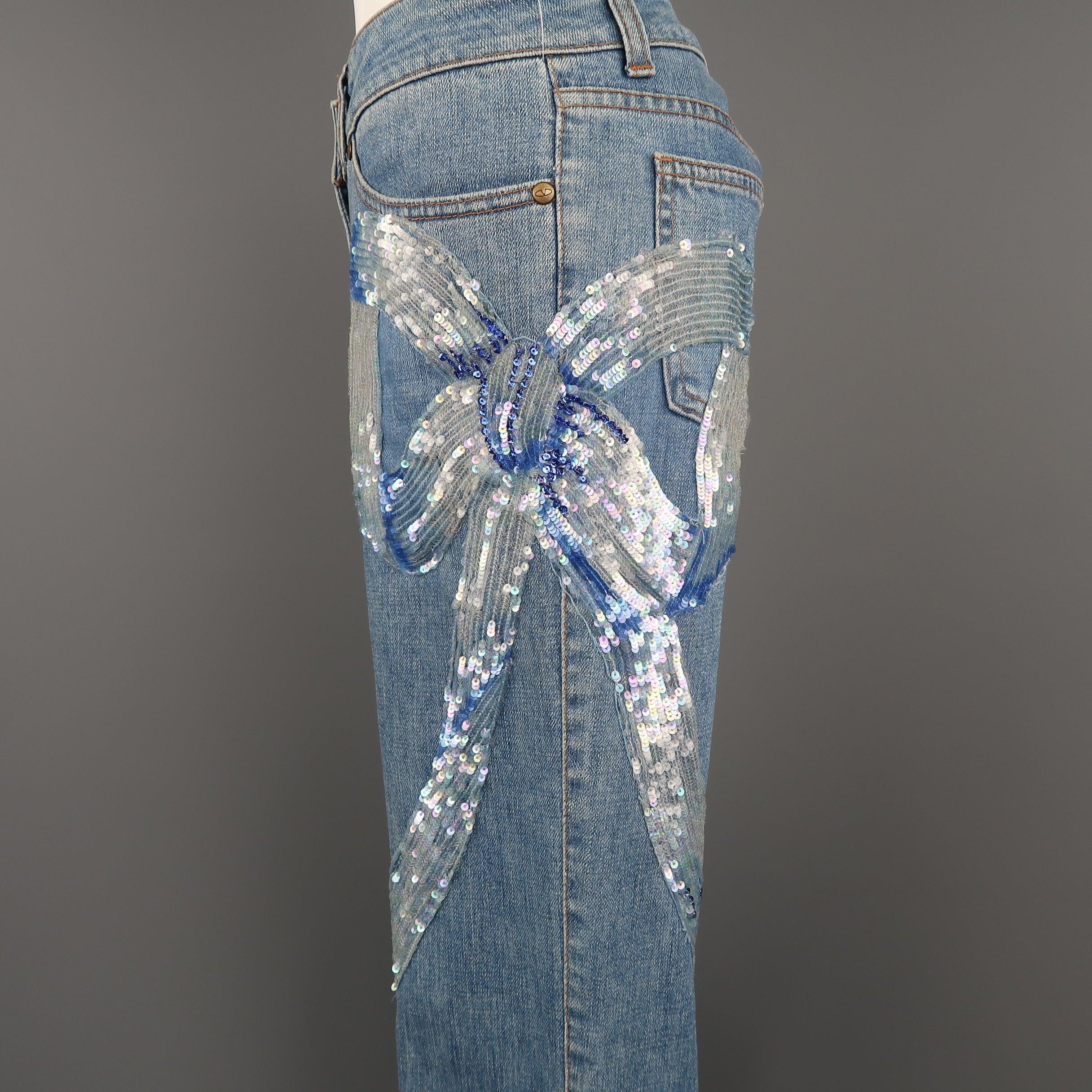 VALENTINO Size 4 Light Wash Blue Beaded Sequin Bow Jeans For Sale 3