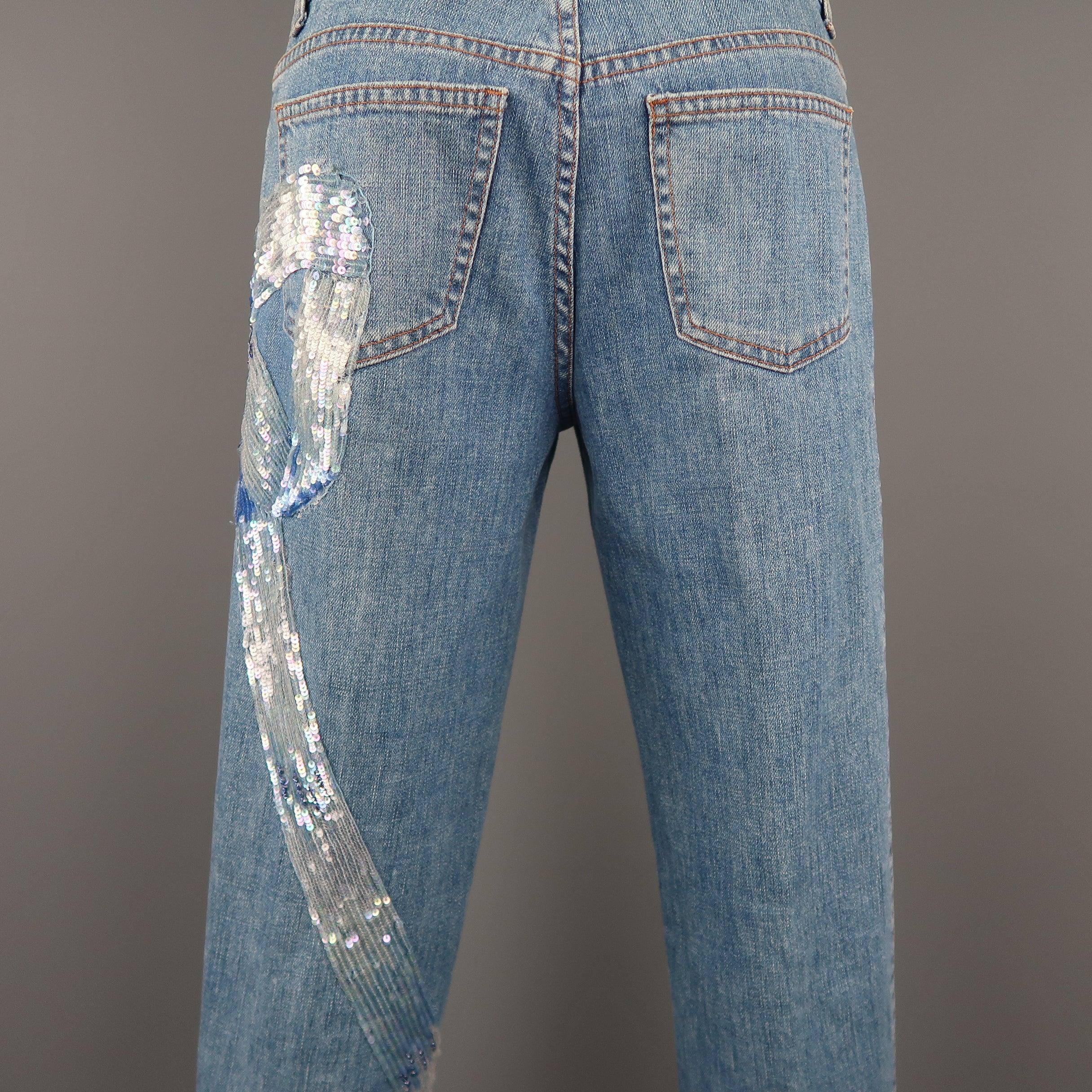 VALENTINO Size 4 Light Wash Blue Beaded Sequin Bow Jeans For Sale 5