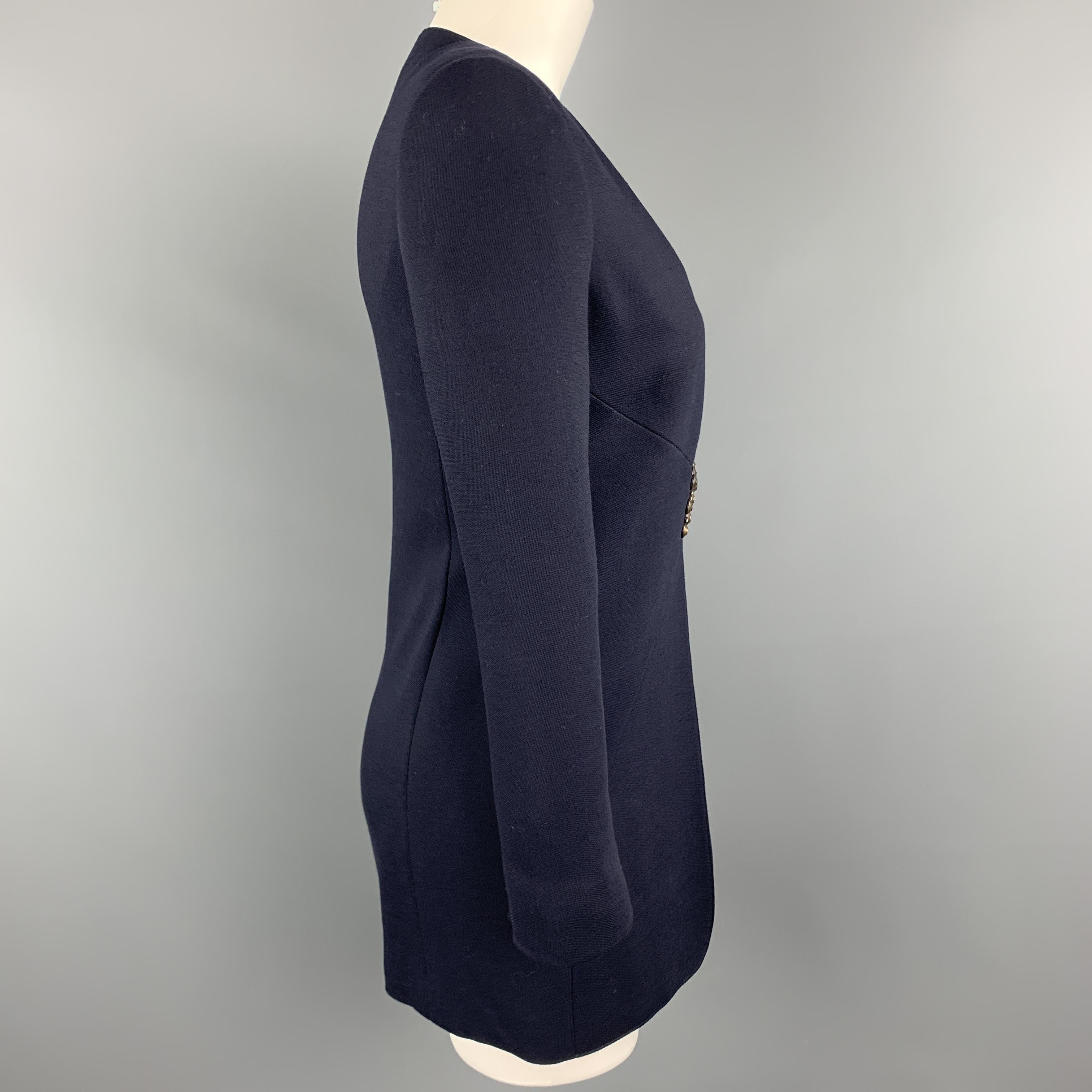 VALENTINO Size 4 Navy Wool Collarless Brooch Closure Jacket In Excellent Condition In San Francisco, CA