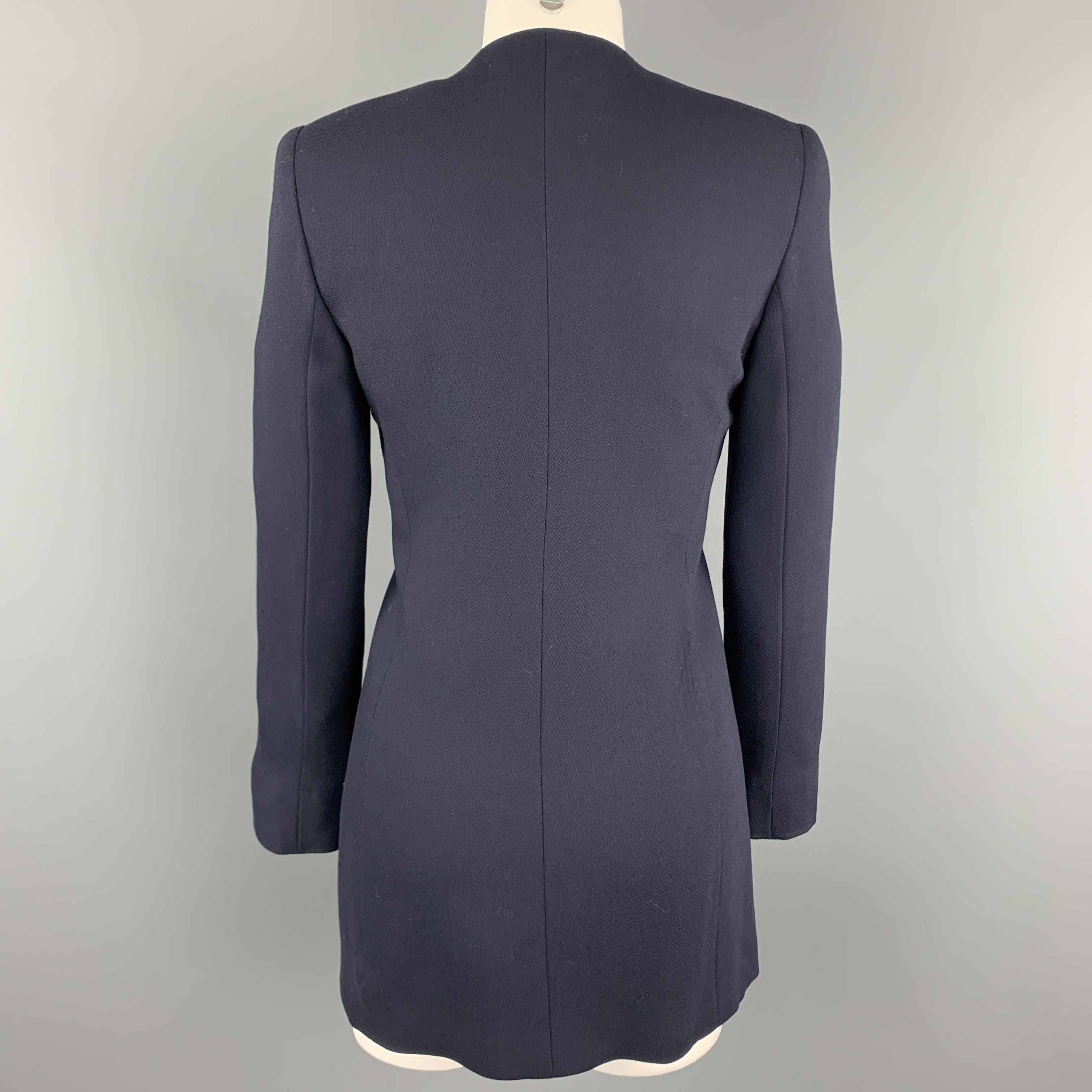 Women's VALENTINO Size 4 Navy Wool Collarless Brooch Closure Jacket