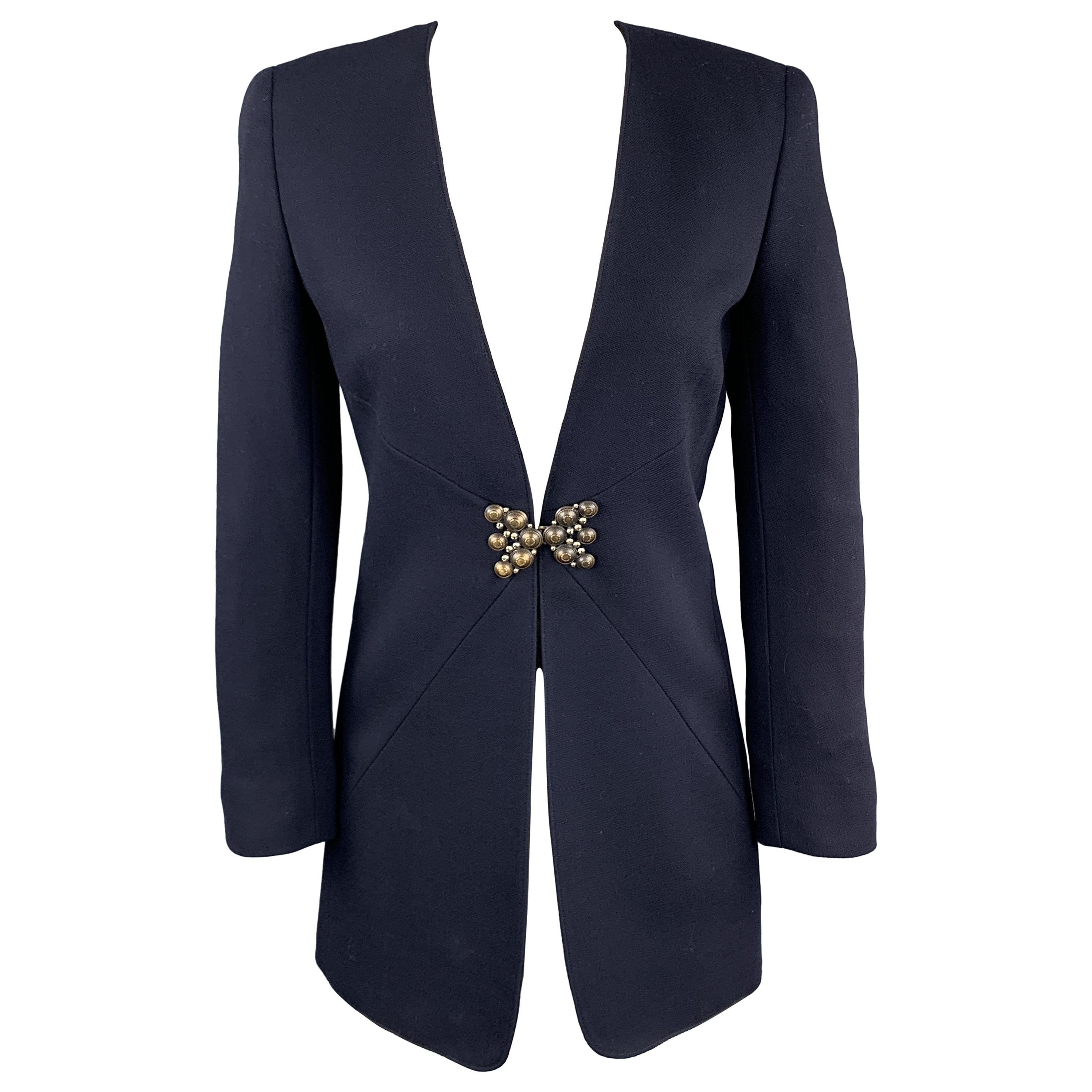 VALENTINO Size 4 Navy Wool Collarless Brooch Closure Jacket