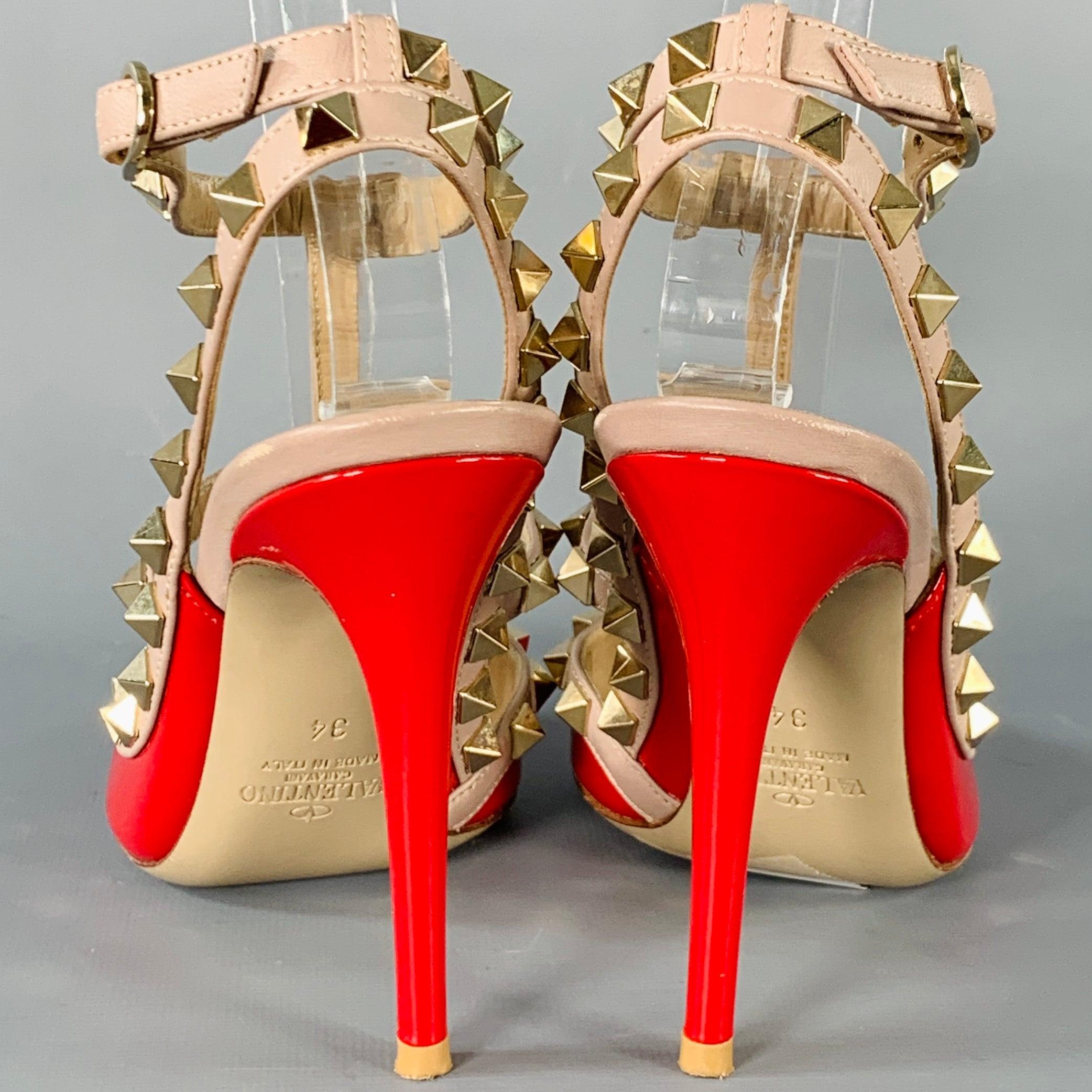 Beige VALENTINO Size 4 Rockstud Red Nude Gold Studded T- Strap Pumps For Sale
