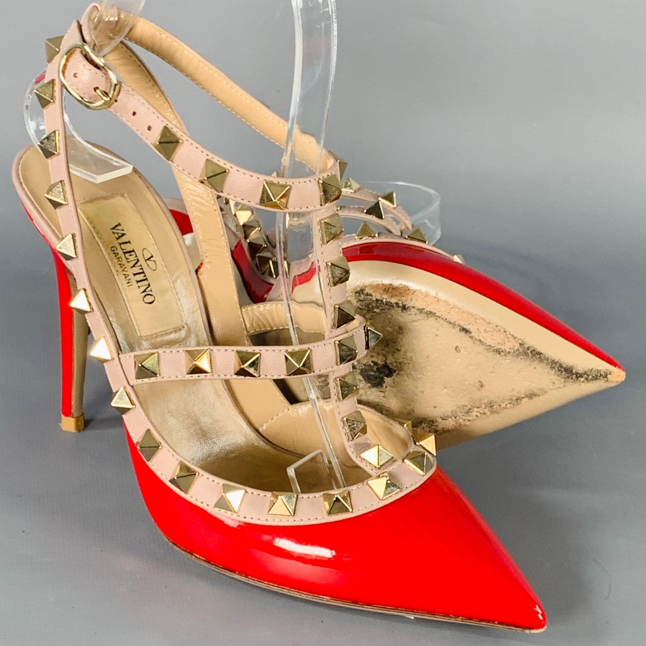 Women's VALENTINO Size 4 Rockstud Red Nude Gold Studded T- Strap Pumps For Sale