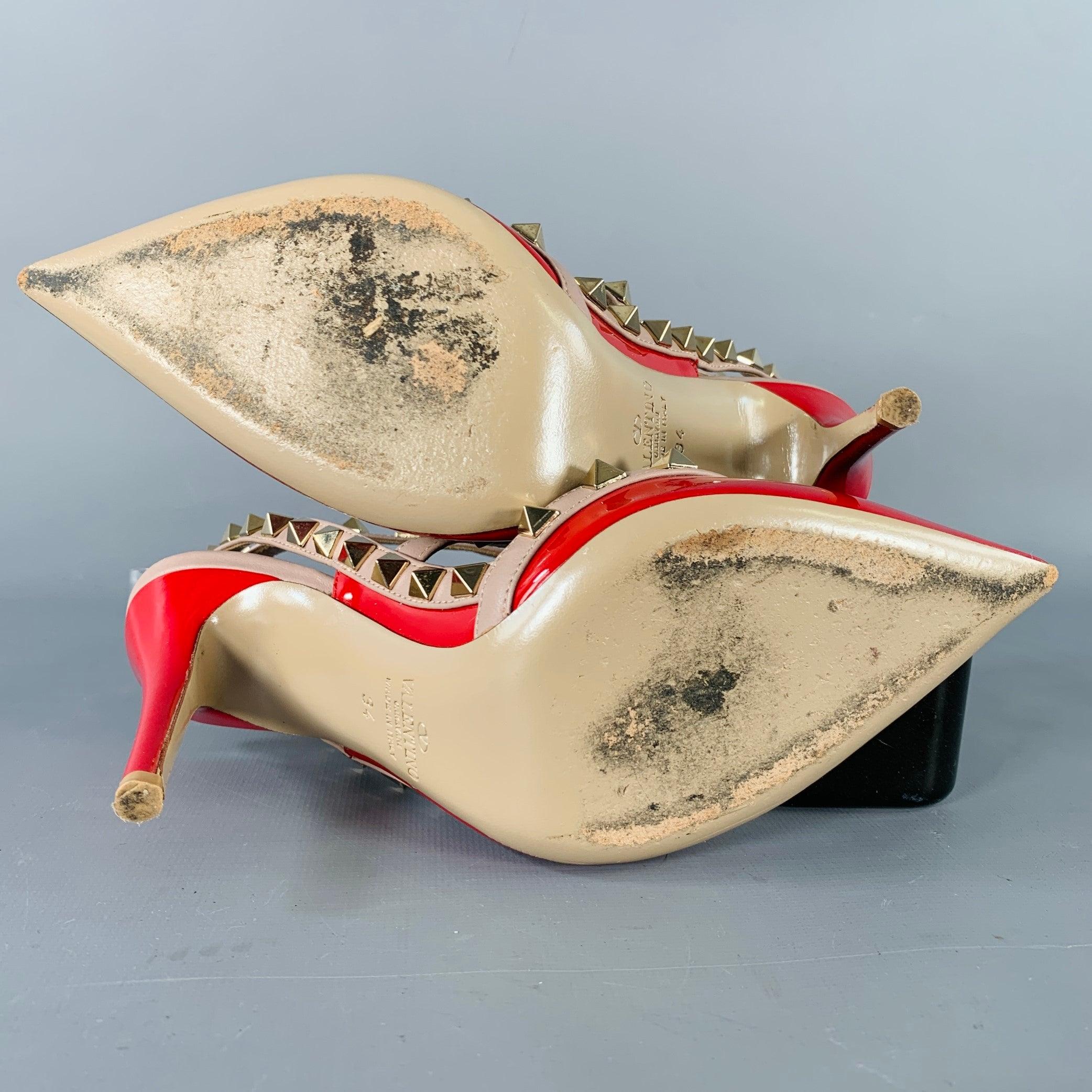 VALENTINO Size 4 Rockstud Red Nude Gold Studded T- Strap Pumps For Sale 1