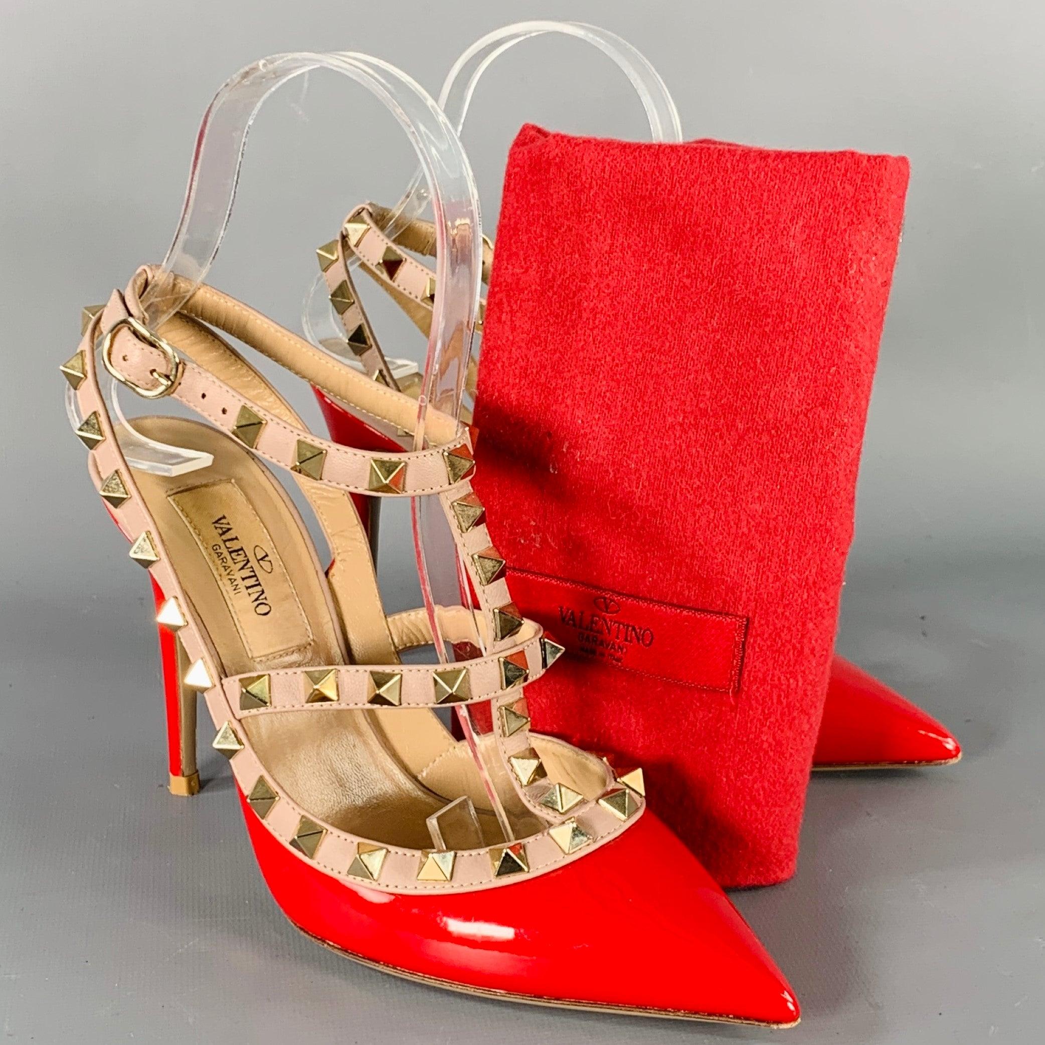 VALENTINO Size 4 Rockstud Red Nude Gold Studded T- Strap Pumps For Sale 4