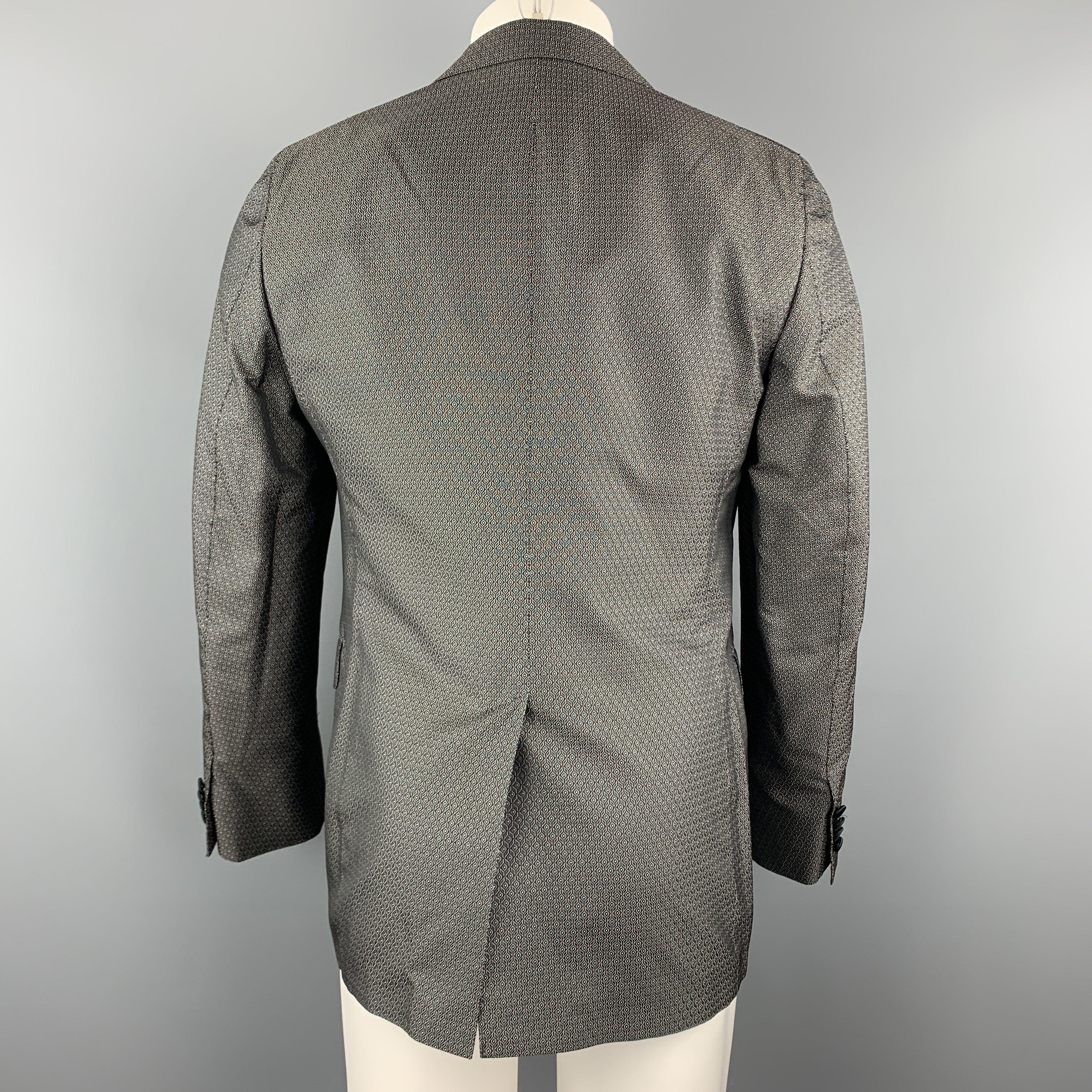 Men's VALENTINO Size 40 Grey & Black Jacquard Polyester / Silk Peak Lapel Sport Coat