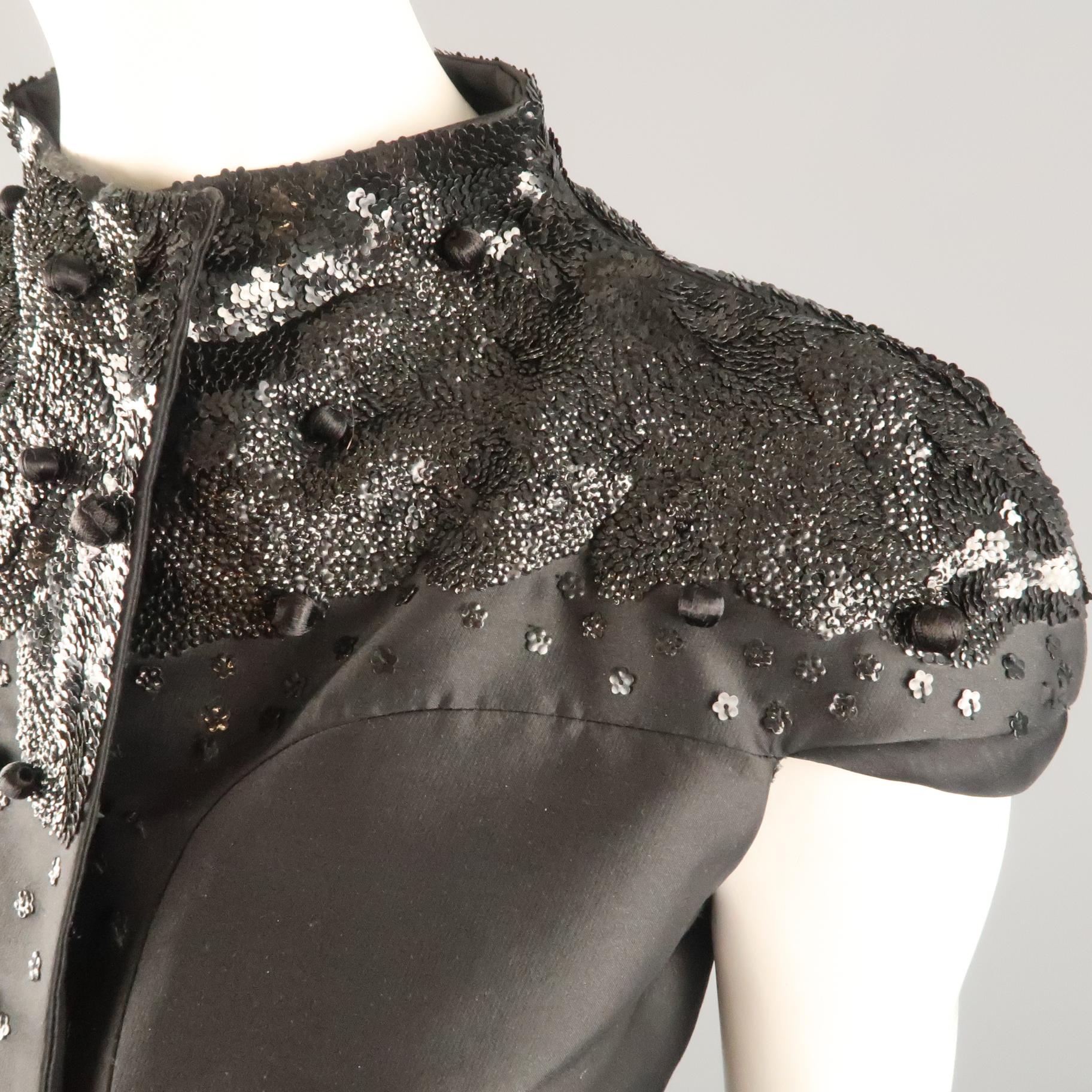 VALENTINO Size 6 Black Wool Cropped Sleeve Sequin Embellished Peplum Jacket In Good Condition In San Francisco, CA