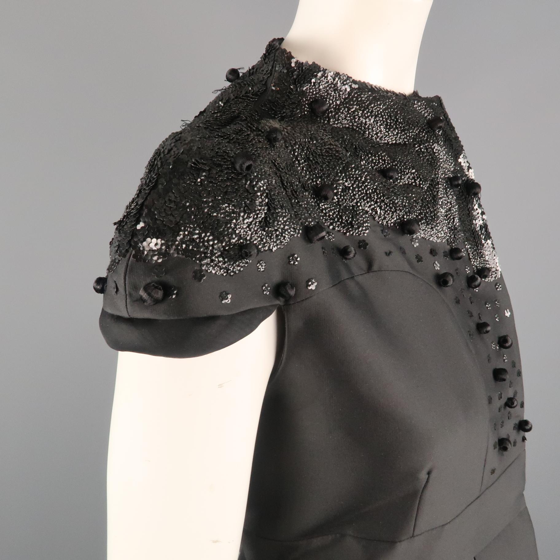 VALENTINO Size 6 Black Wool Cropped Sleeve Sequin Embellished Peplum Jacket 2
