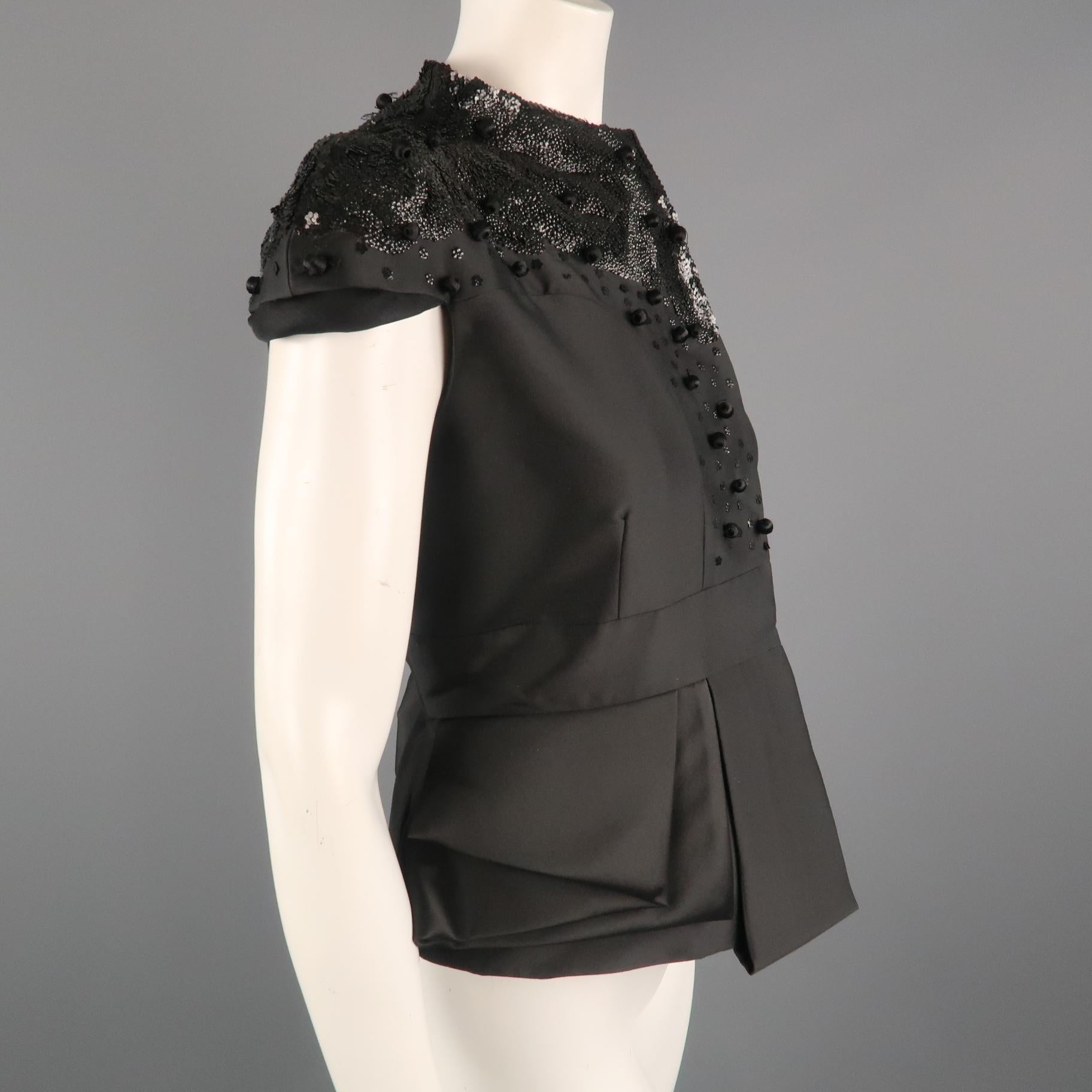 VALENTINO Size 6 Black Wool Cropped Sleeve Sequin Embellished Peplum Jacket 3