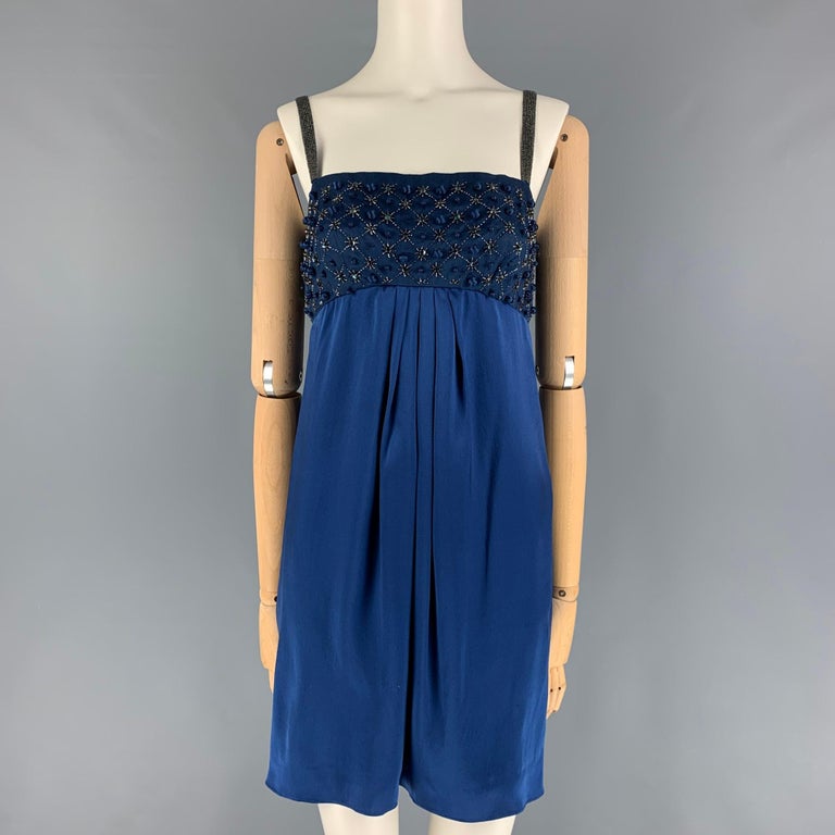 VALENTINO Size 6 Blue Silk Beaded Shift Cocktail Dress For Sale at 1stDibs