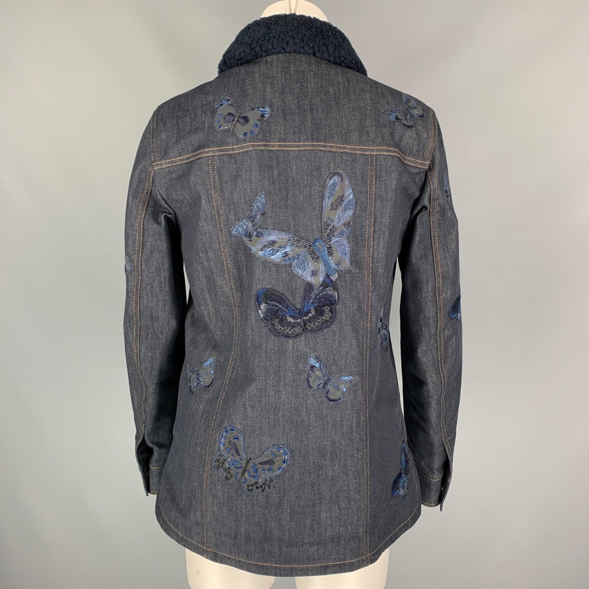 Women's VALENTINO Size 6 Navy Embroidered Butterfly Cotton Sherling Collar Jacket For Sale