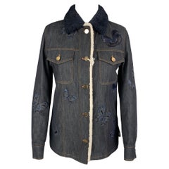 VALENTINO Größe 6 Marineblau bestickte Jacke mit Schmetterling aus Baumwolle und Sherling-Kragen