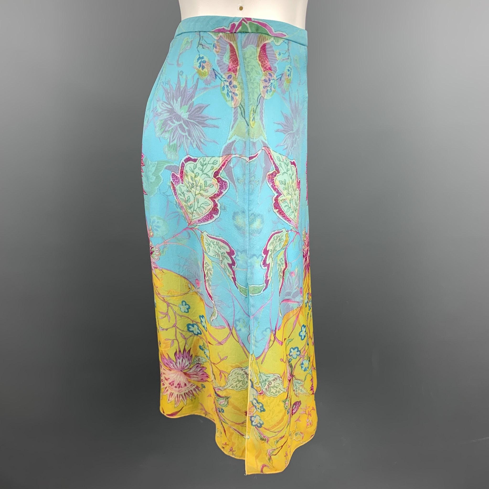 VALENTINO skirt comes in a turquosie floral chiffon silk featuring an a-line style, side slit, and a side zip up closure.Very Good
 Pre-Owned Condition. 
 

 Marked:  6 
 

 Measurements: 
  Waist: 26 inches Hip: 38 inches 
 Length:
 21.5 inches 
 