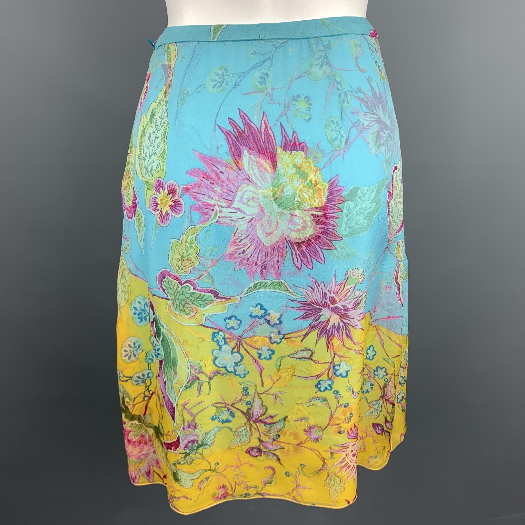 VALENTINO Size 6 Turquoise Floral Chiffon Silk A-line Skirt In Good Condition In San Francisco, CA