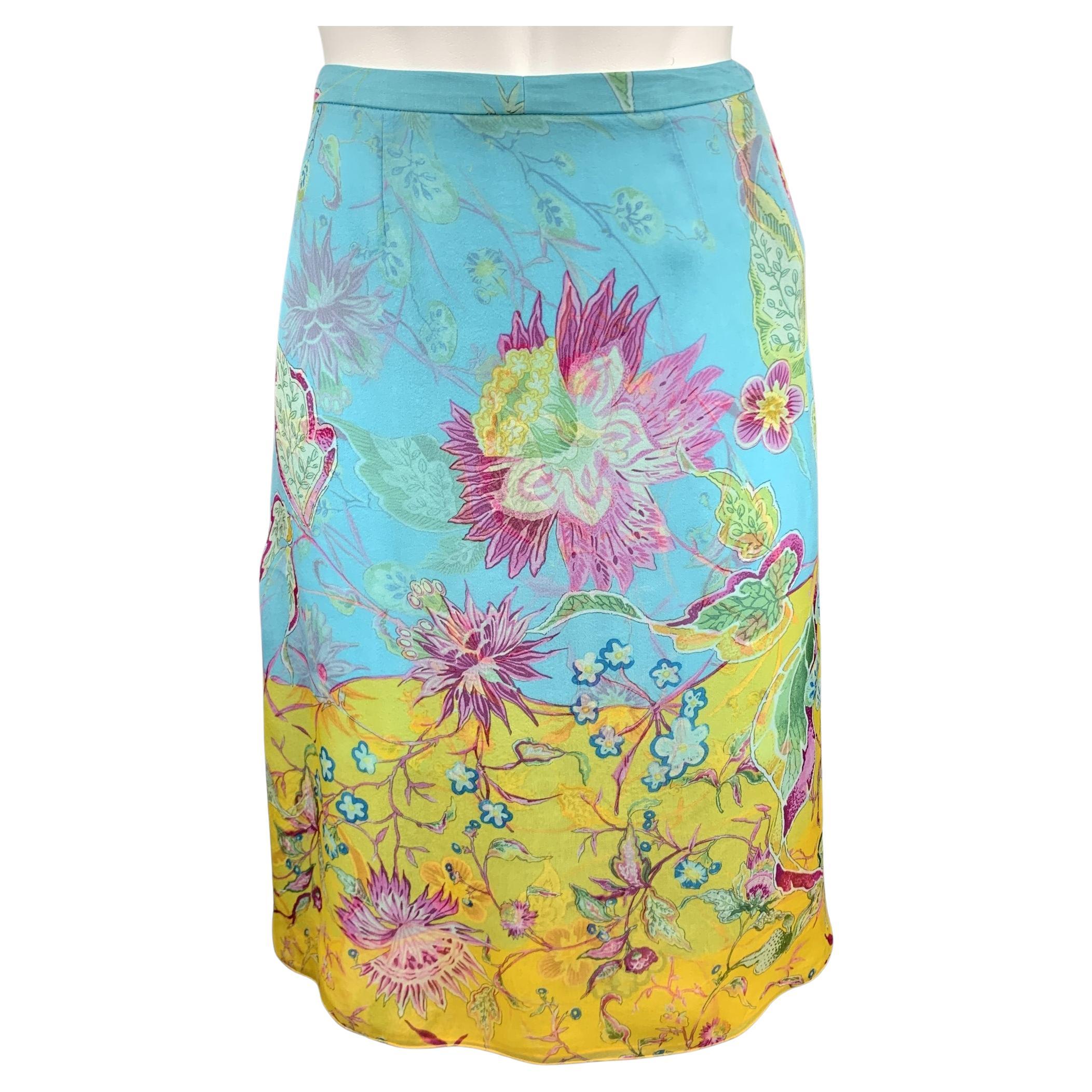 VALENTINO Size 6 Turquoise Floral Chiffon Silk A-line Skirt