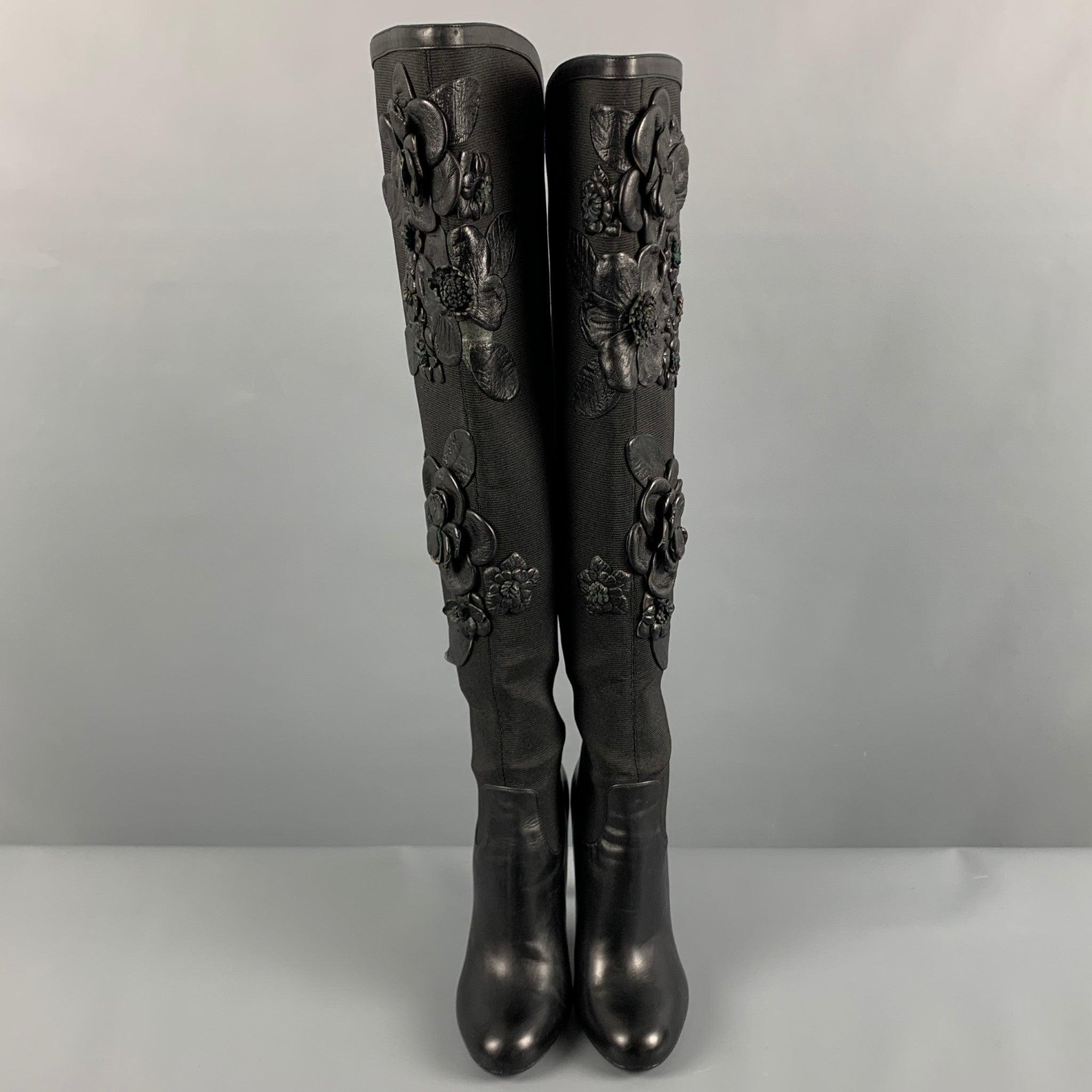 Women's VALENTINO Size 7 Black Nylon Floral Applique Boots For Sale