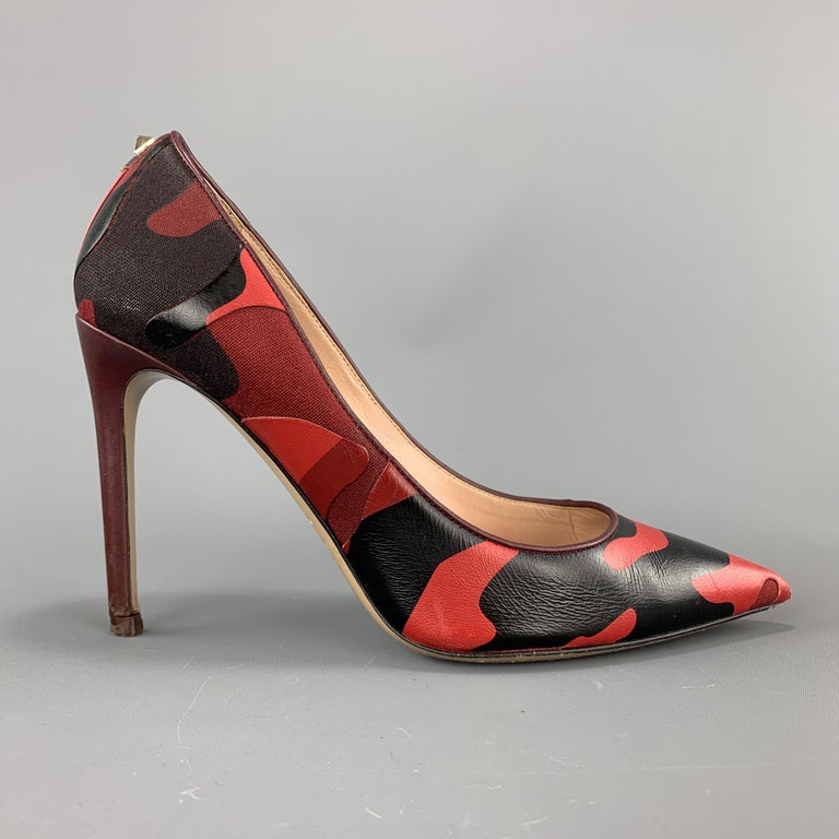 VALENTINO Size 7.5 Red Camouflage Pointed Rockstud Pumps at 1stDibs