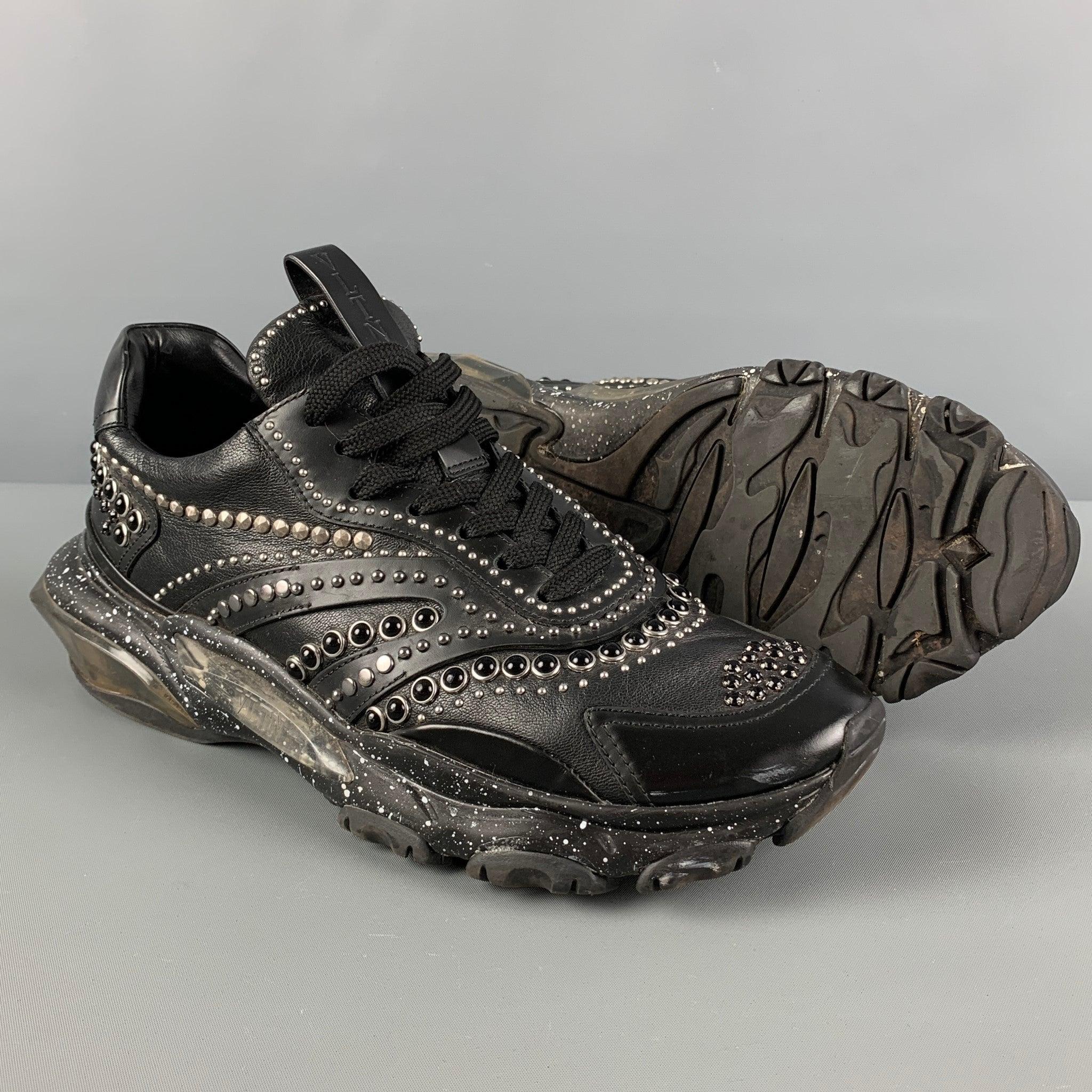 VALENTINO Size 8 Black Silver Studded Leather Lace Up Sneakers In Good Condition For Sale In San Francisco, CA