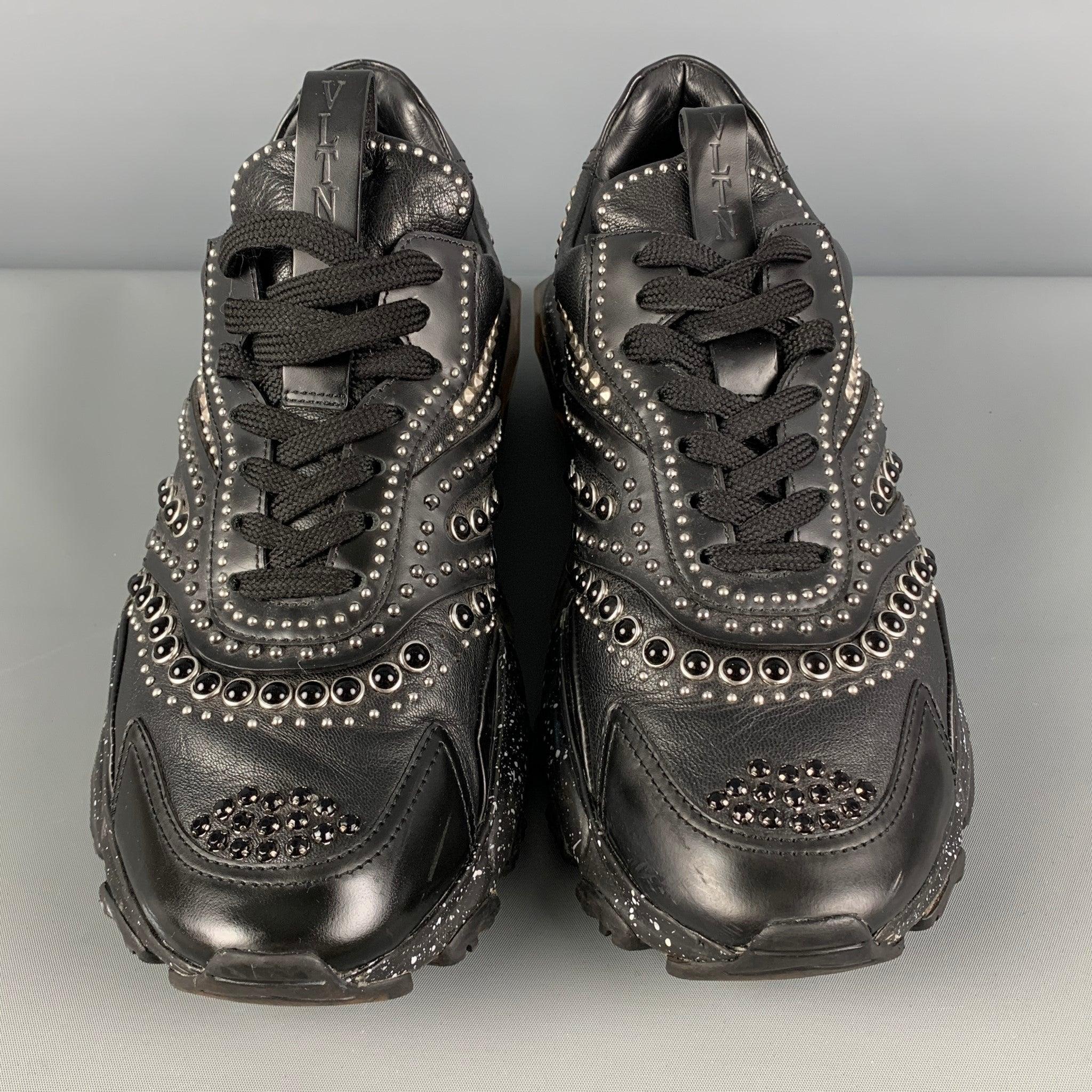 Men's VALENTINO Size 8 Black Silver Studded Leather Lace Up Sneakers For Sale