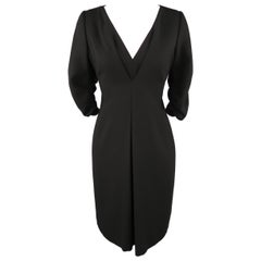 VALENTINO Size 8 Black Wool Draped V Neck 3/4 Ruched Sleeve Dress