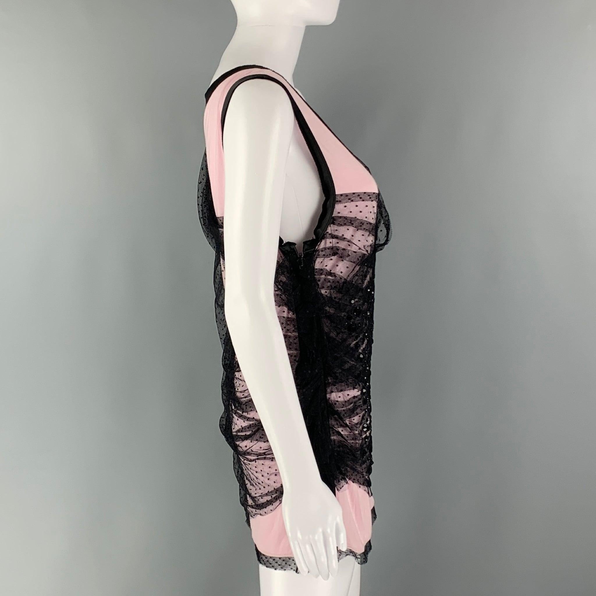 VALENTINO Size 8 Pink Black Cotton Blend Ruched Sleeveless Dress Top In Excellent Condition For Sale In San Francisco, CA