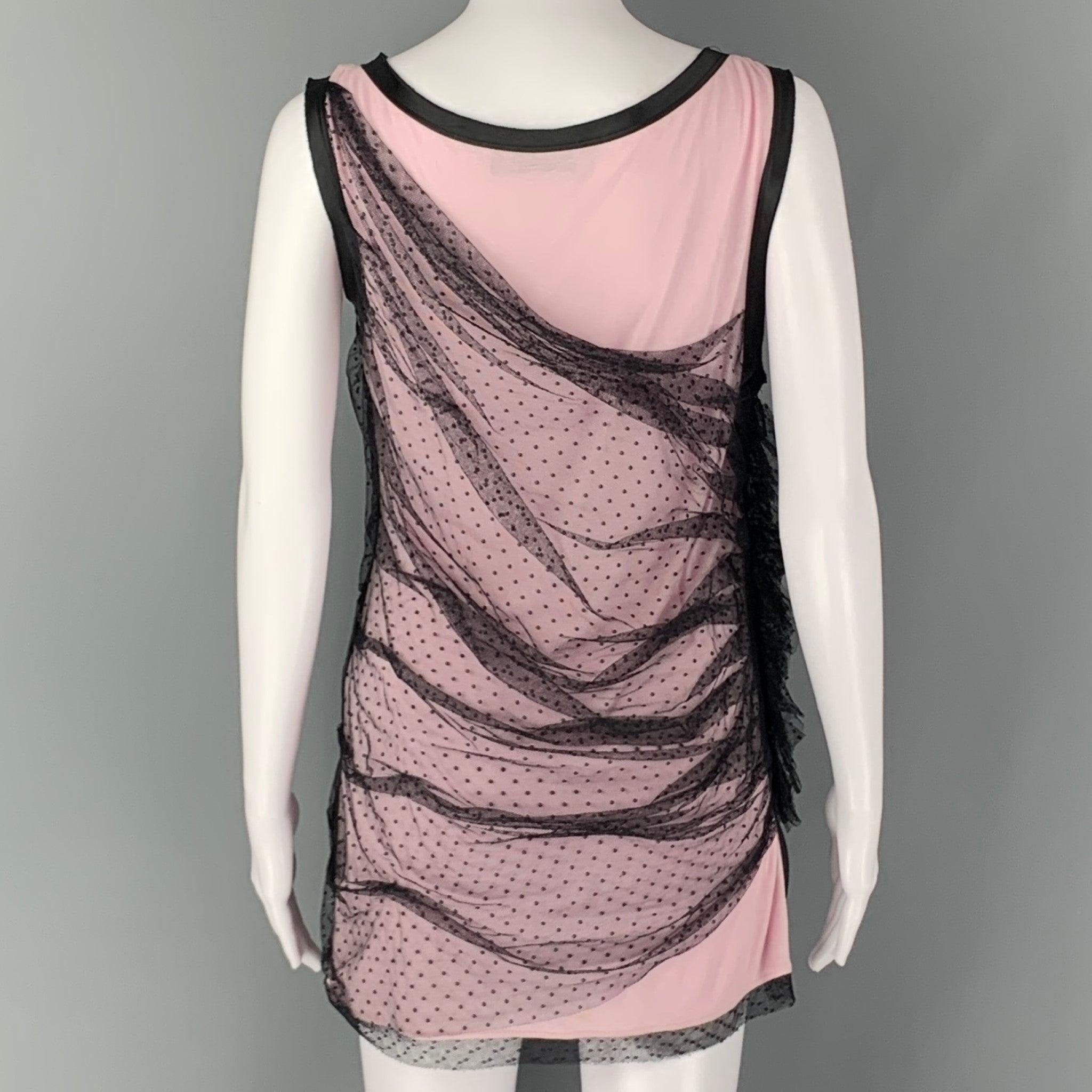 Women's VALENTINO Size 8 Pink Black Cotton Blend Ruched Sleeveless Dress Top For Sale