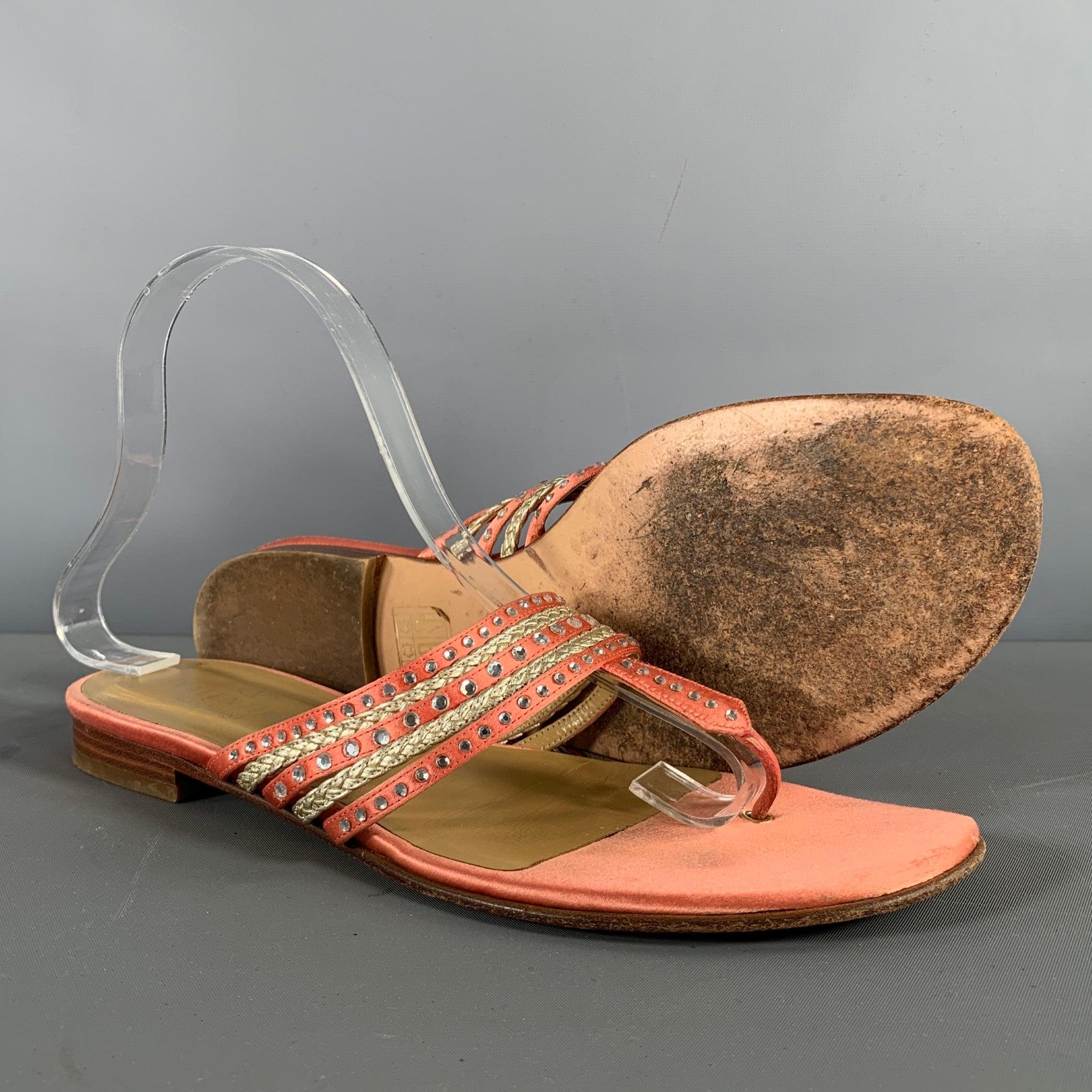Women's VALENTINO Size 8 Pink Silver Silk Rhinestones Thong Flats For Sale