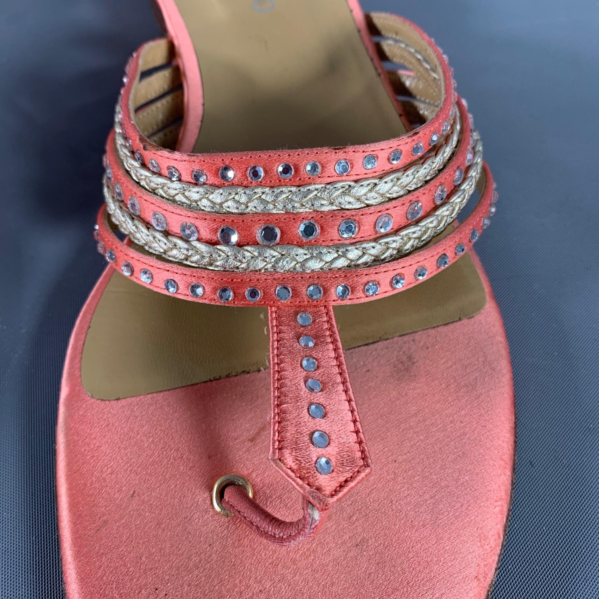 VALENTINO Size 8 Pink Silver Silk Rhinestones Thong Flats For Sale 2